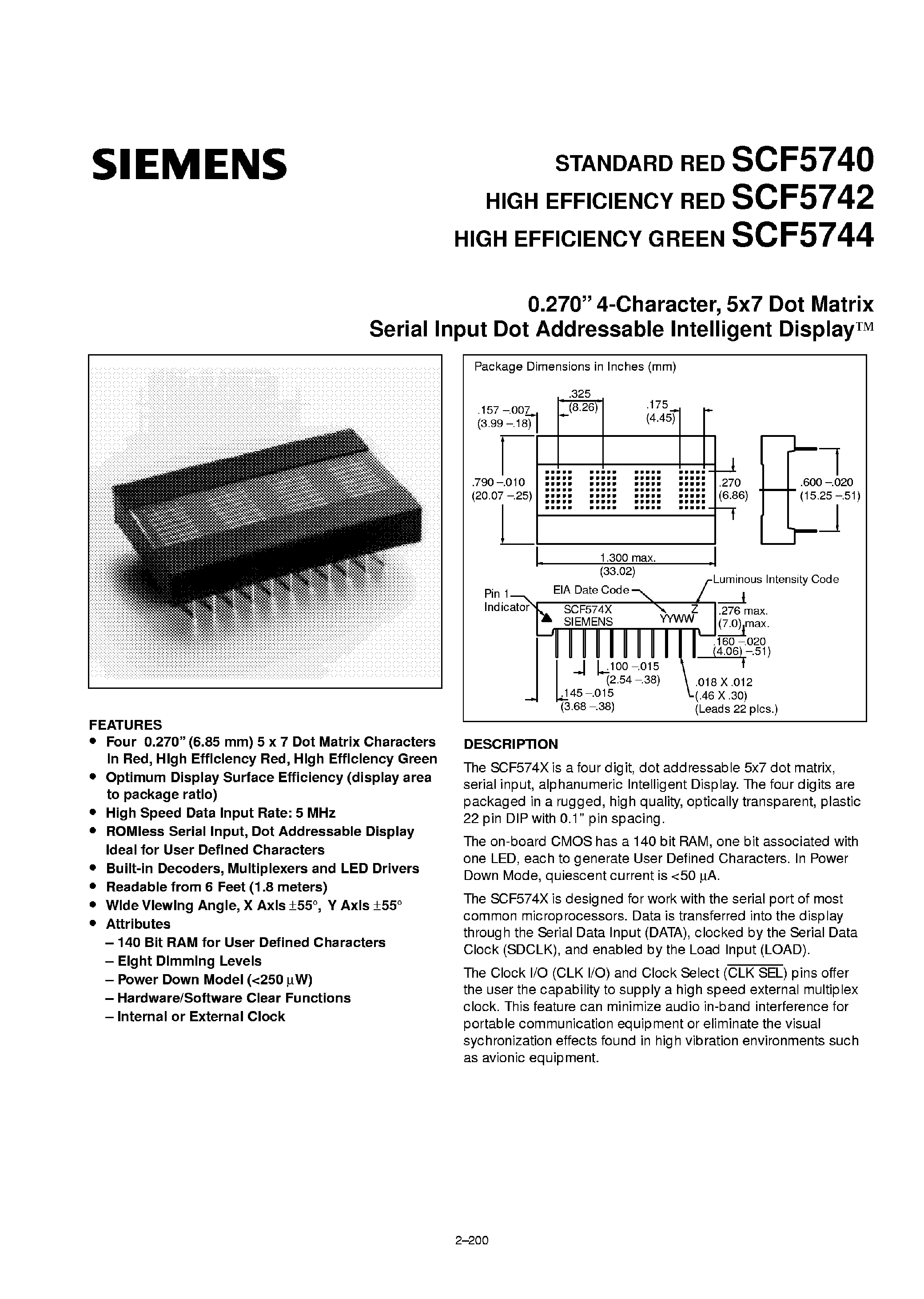 Datasheet SCF5742 - Dot Matrix Serial Input Dot Addressable Intelligent Display page 1