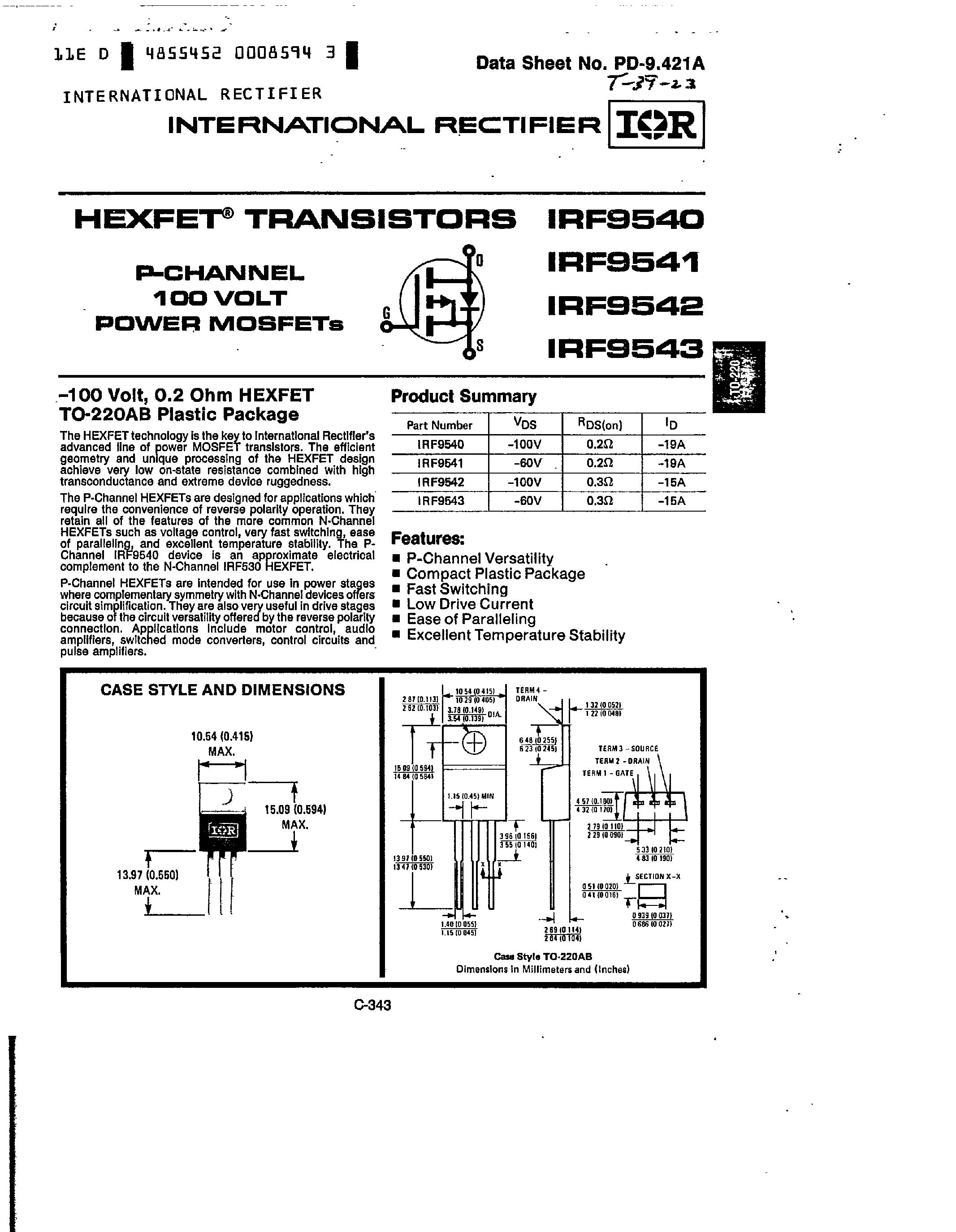 Datasheet IRF9543 - P Channel 100 V Power MOSFET page 1