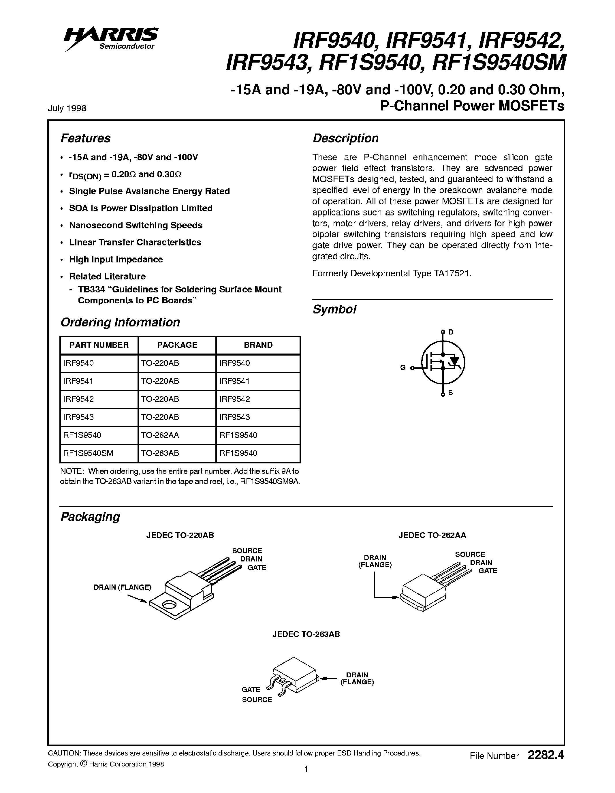 Datasheet IRF9543 page 1 Datasheet IRF9543 - P Channel Power MOSFET page 1