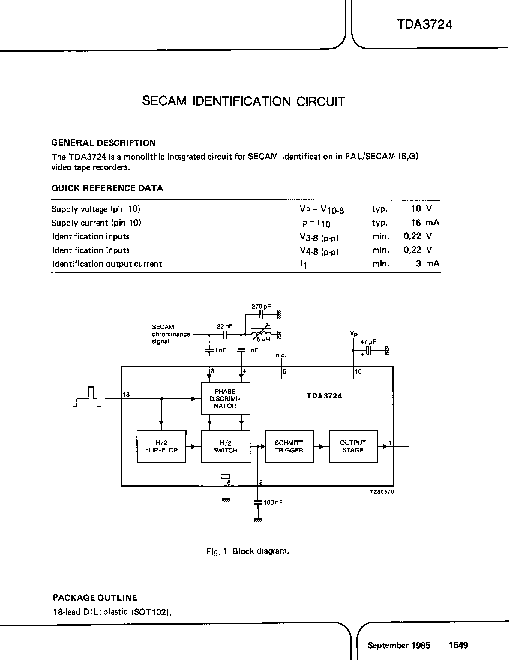 Datasheet TDA3724 - Secam Identification Circuit page 1