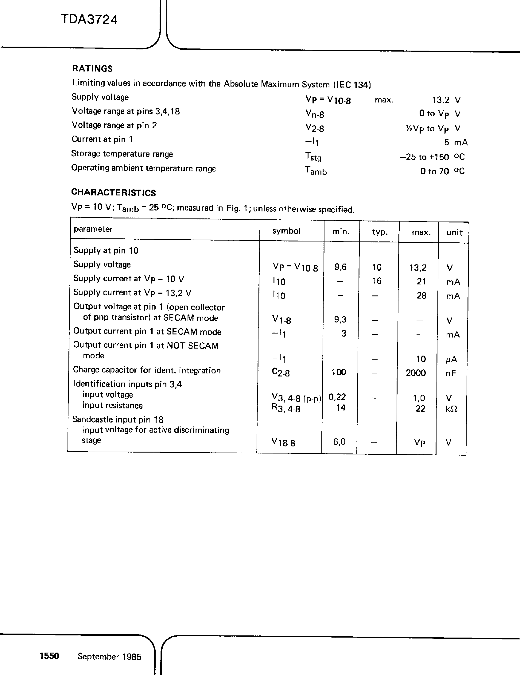Datasheet TDA3724 - Secam Identification Circuit page 2