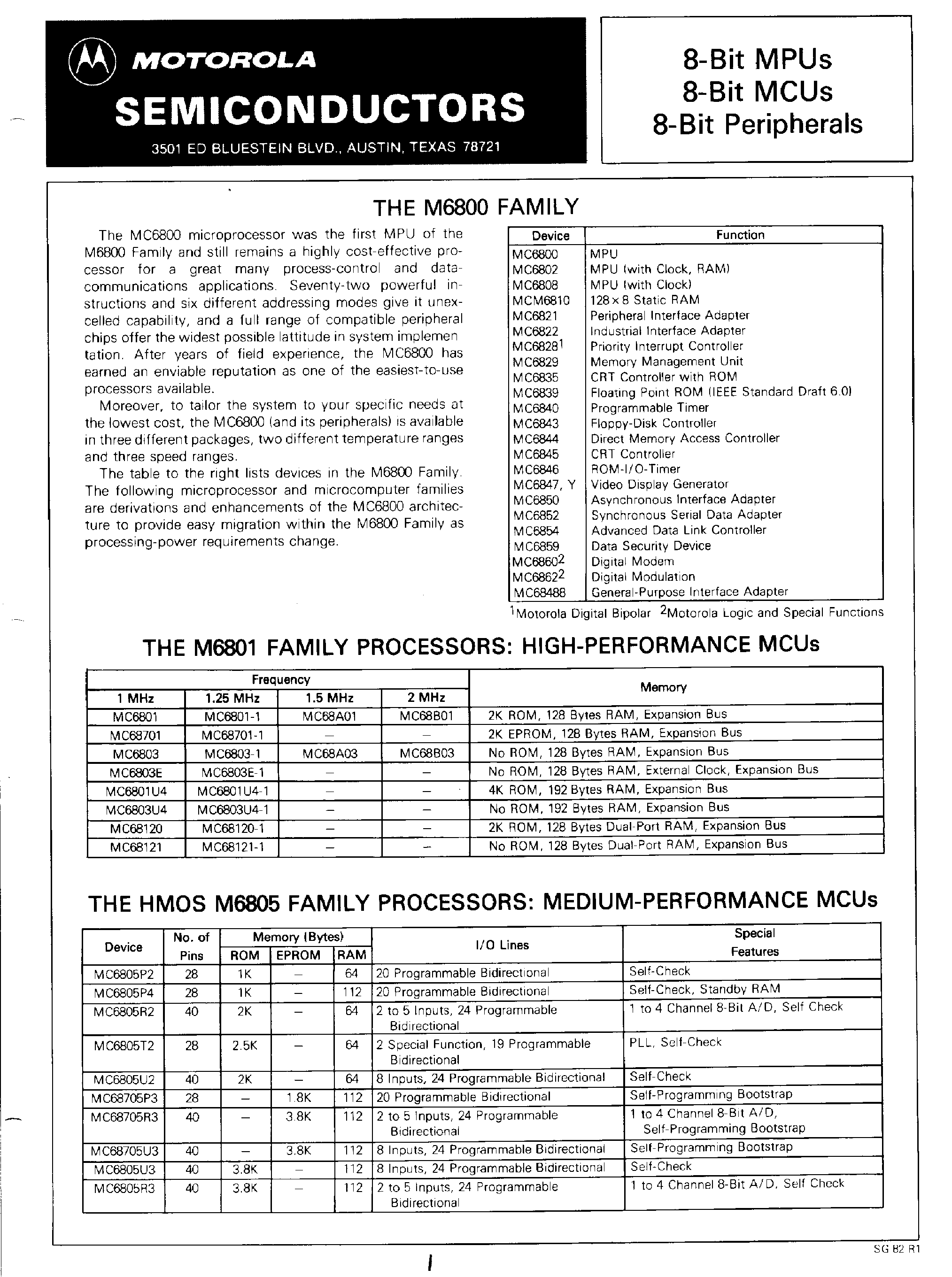Datasheet MC6805 page 1 Datasheet MC6805 - (M6800 Series) 8 Bit MPU / MCU / Peripherals page 1