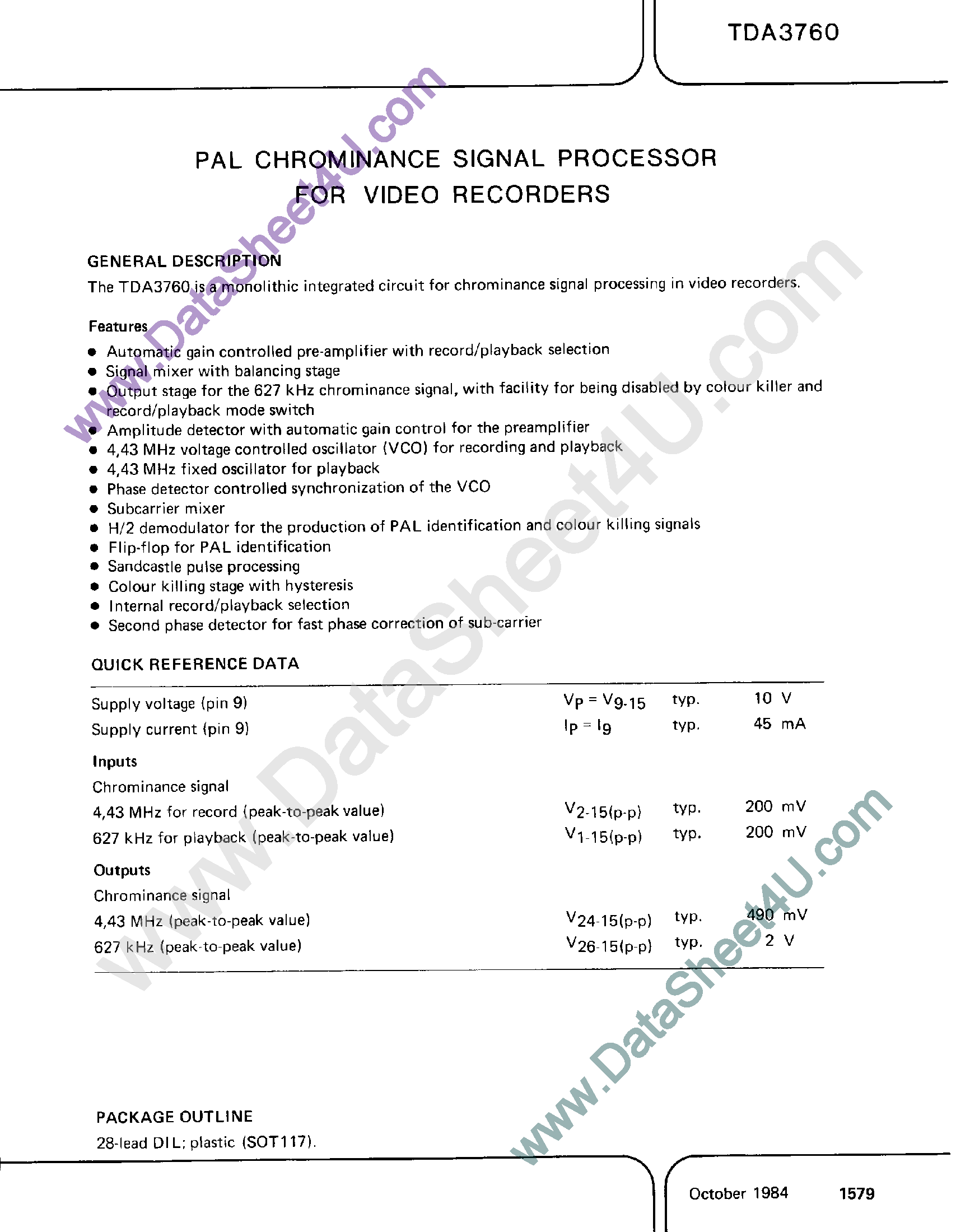 Datasheet TDA3760 - PAL Chrominance Signal Processor for Video Recoders page 1