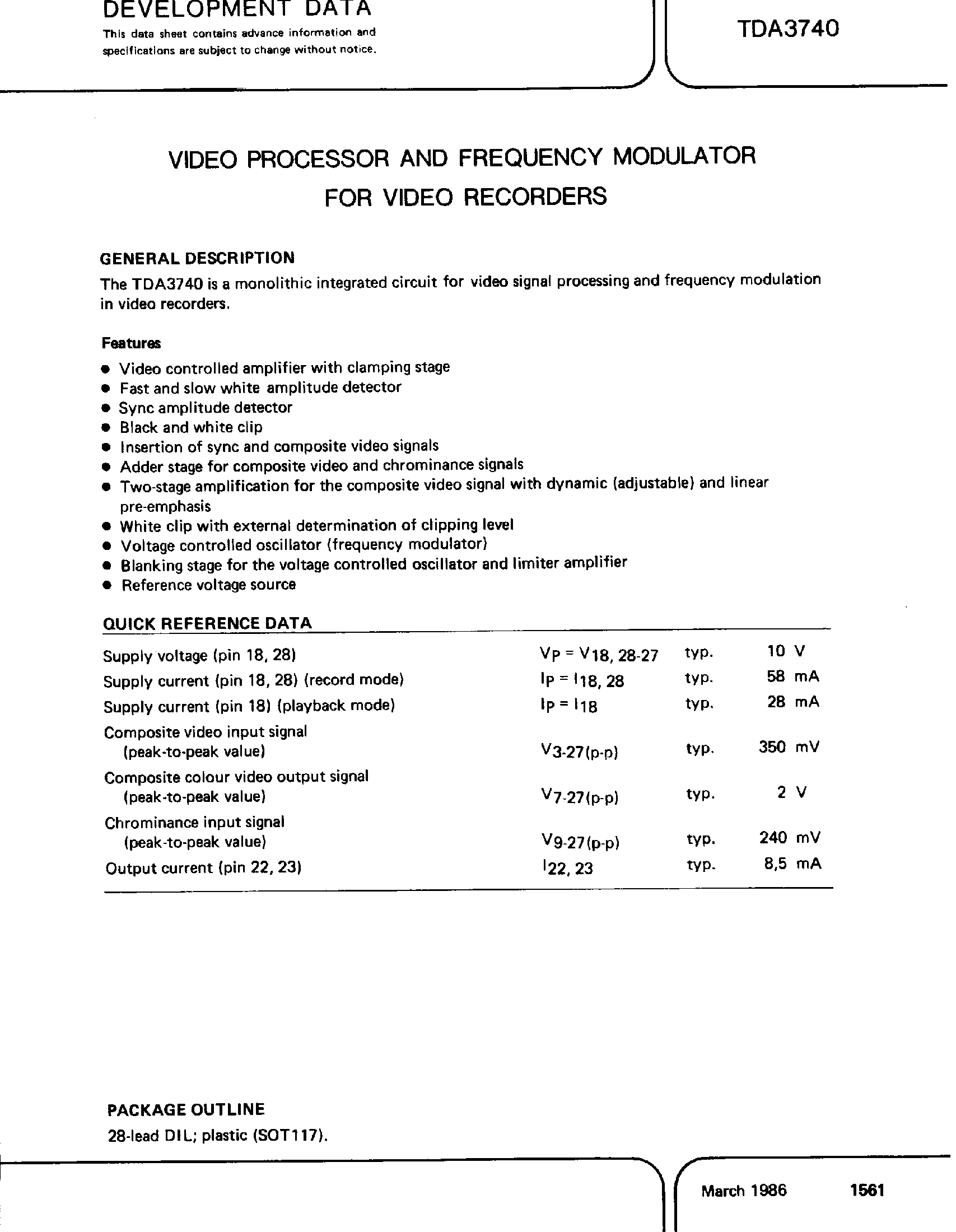 Datasheet TDA3740 page 1 Datasheet TDA3740 - Video Processor and Frequency Modulator for Video Recoders page 1