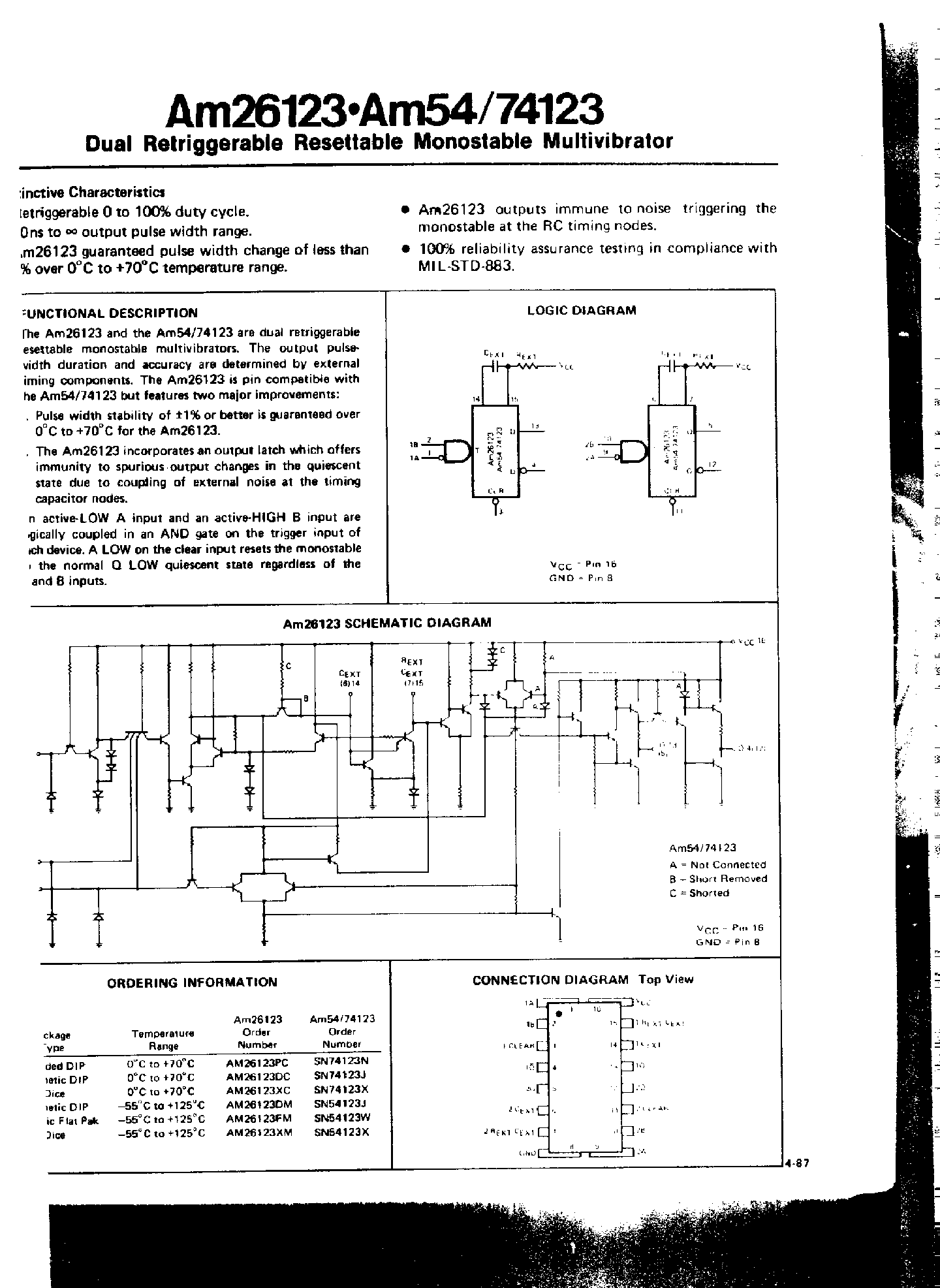 Datasheet AM26123 - Dual Retriggerable Resettable Monostable Multivibrator page 1