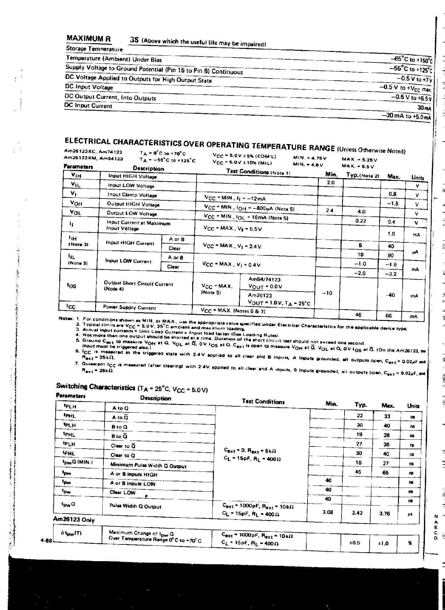 Datasheet AM26123 - Dual Retriggerable Resettable Monostable Multivibrator page 2