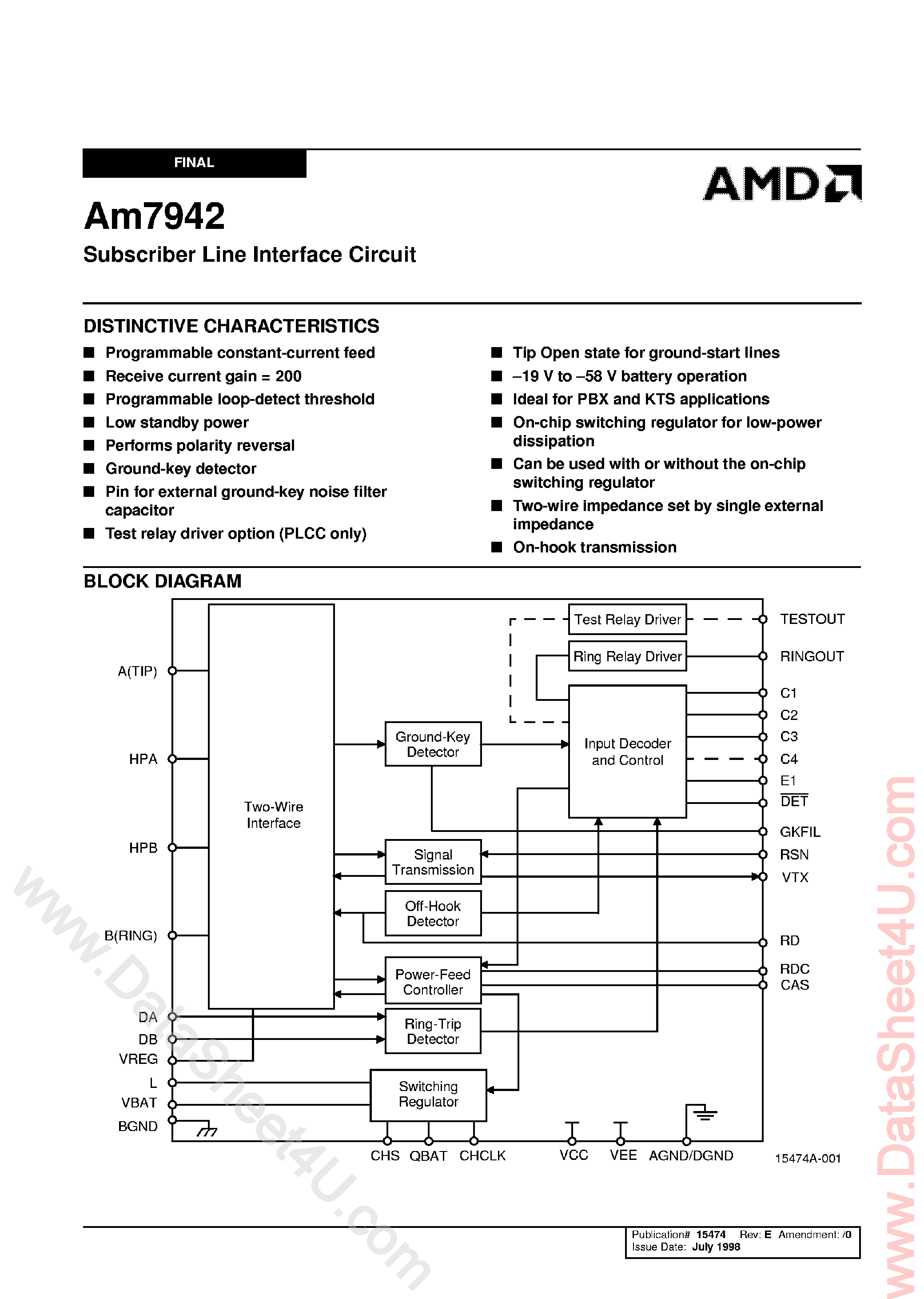 Datasheet AM7942 page 1 Datasheet AM7942 - Subscriber Line Interface Circuit page 1