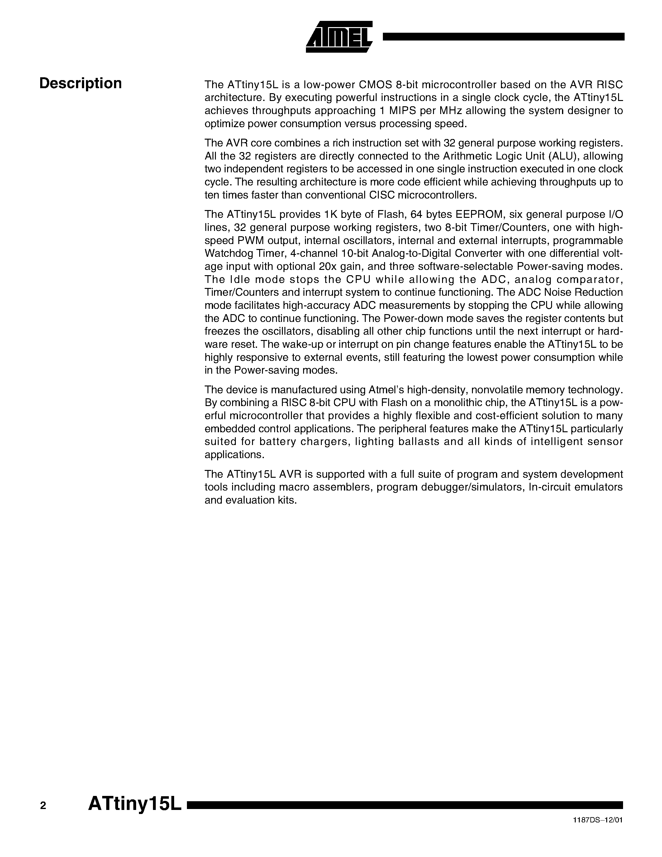 Даташит Ttiny15L - 8-bit AVR Microcontroller with 1K Byte Flash страница 2