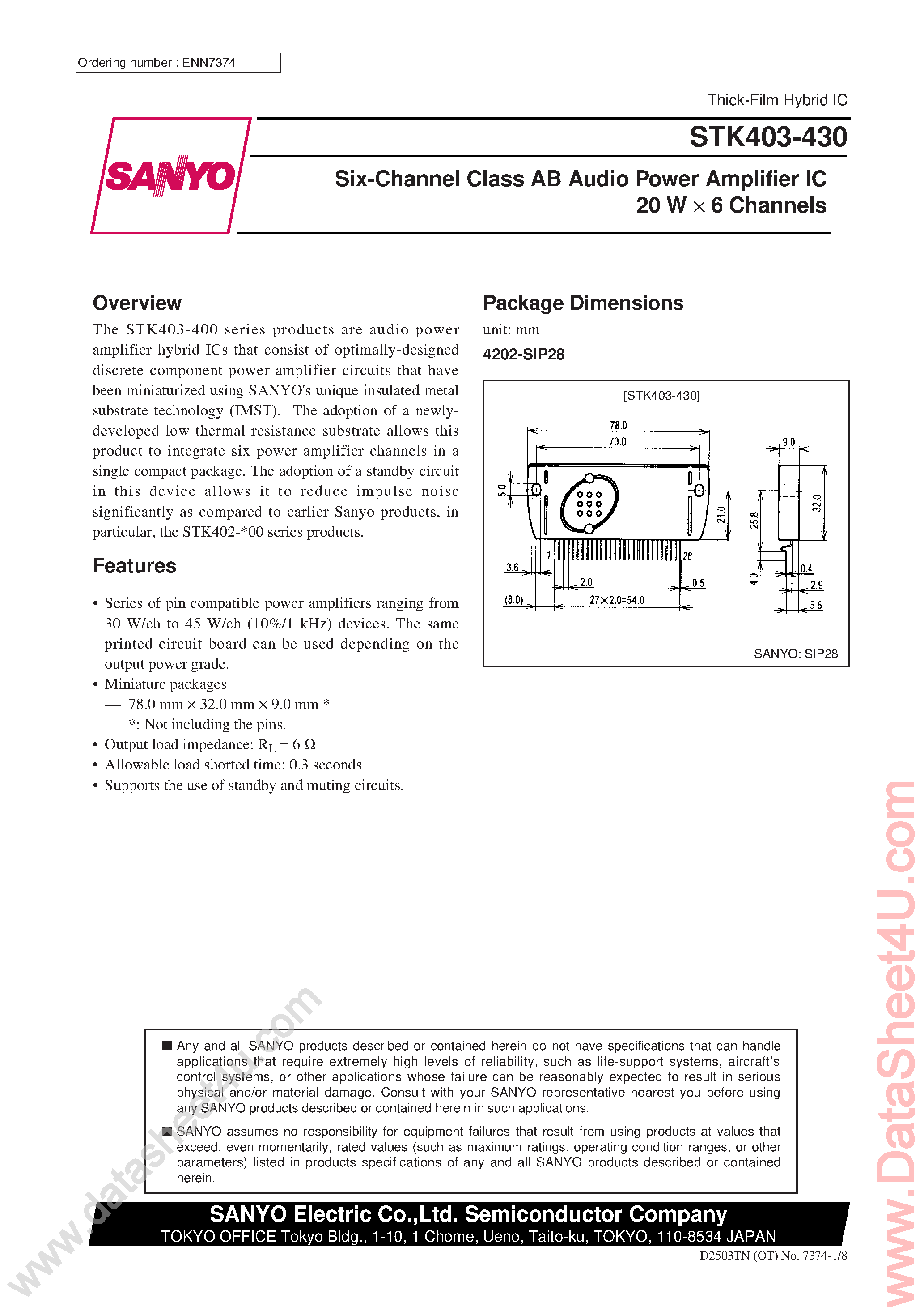 Даташит STK403-430 - 6-Channel Class AB Audio Power Amplifier IC страница 1