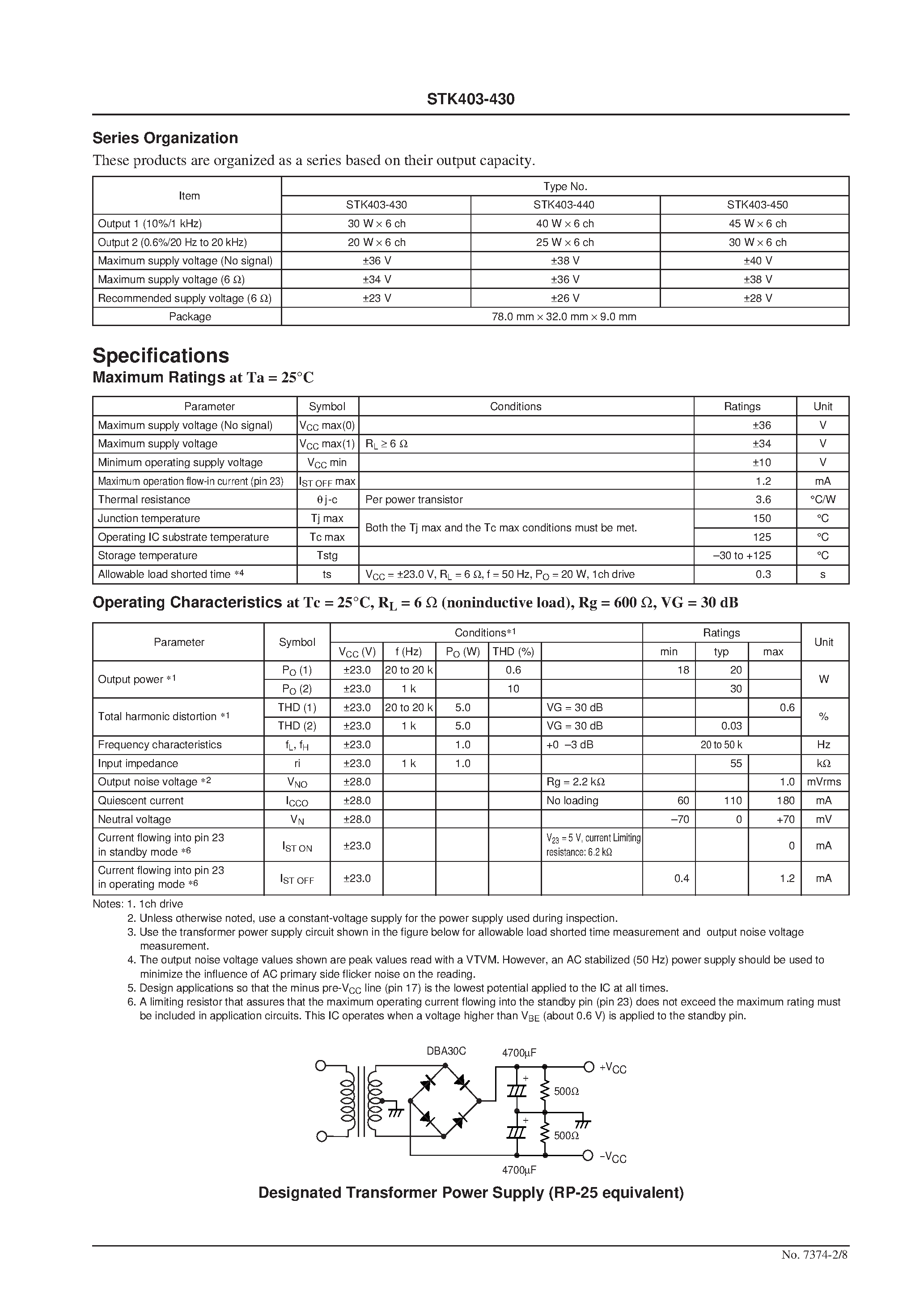 Даташит STK403-430 - 6-Channel Class AB Audio Power Amplifier IC страница 2