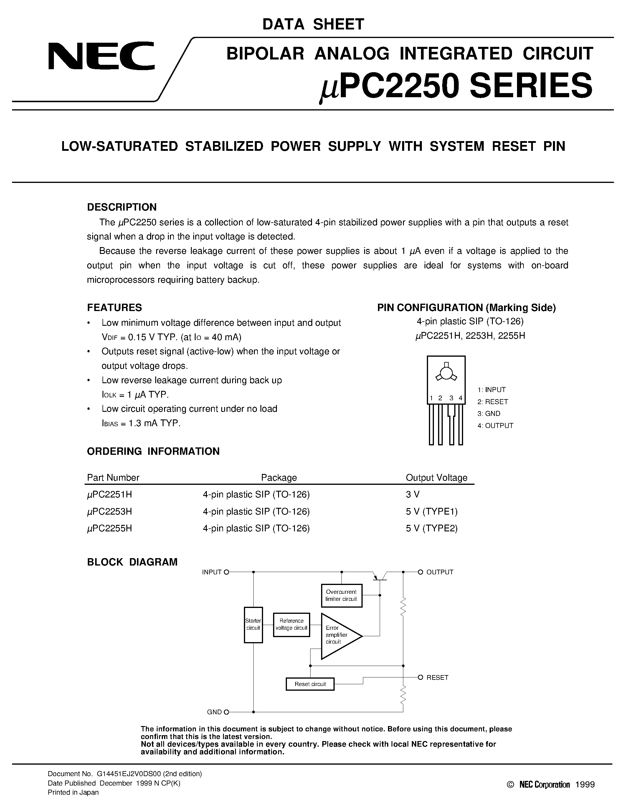 Datasheet UPC2255 - (UPC2250 Series) Low Staturated Stabilized Power Supply with System Reset Pin page 1