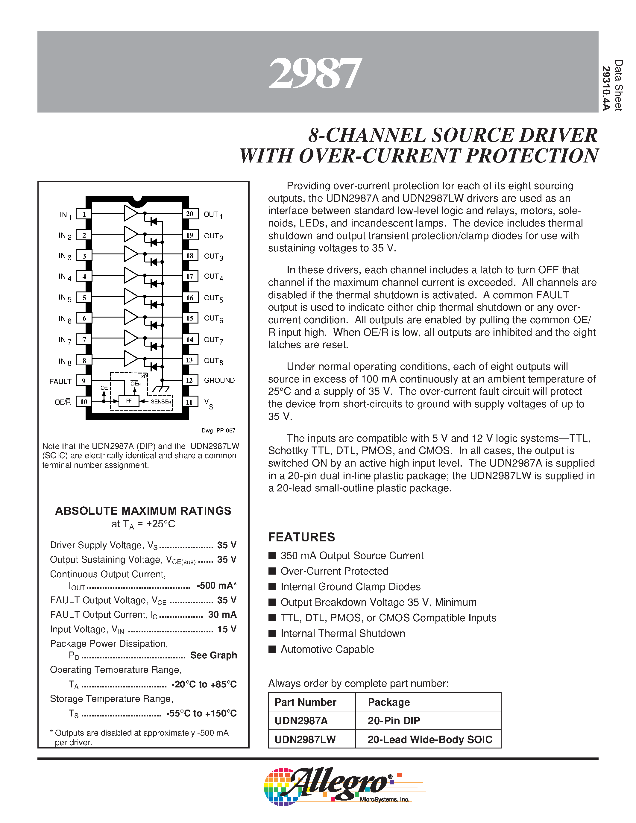Даташит UDN2987 - 8-CHANNEL SOURCE DRIVER WITH OVER-CURRENT PROTECTION страница 1