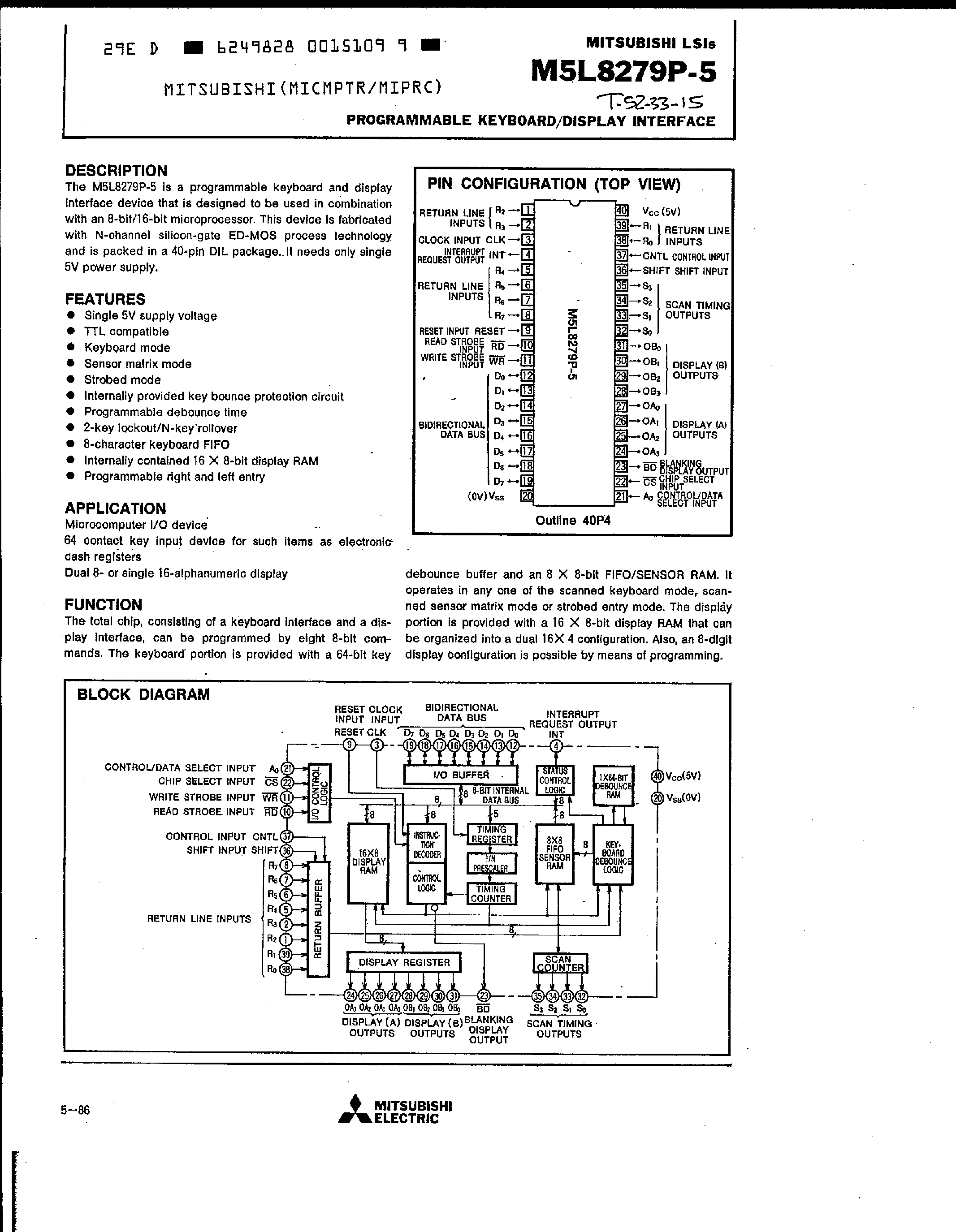 Даташит M5L8279P-5 - Programmable Keyboard / Display Interface страница 1