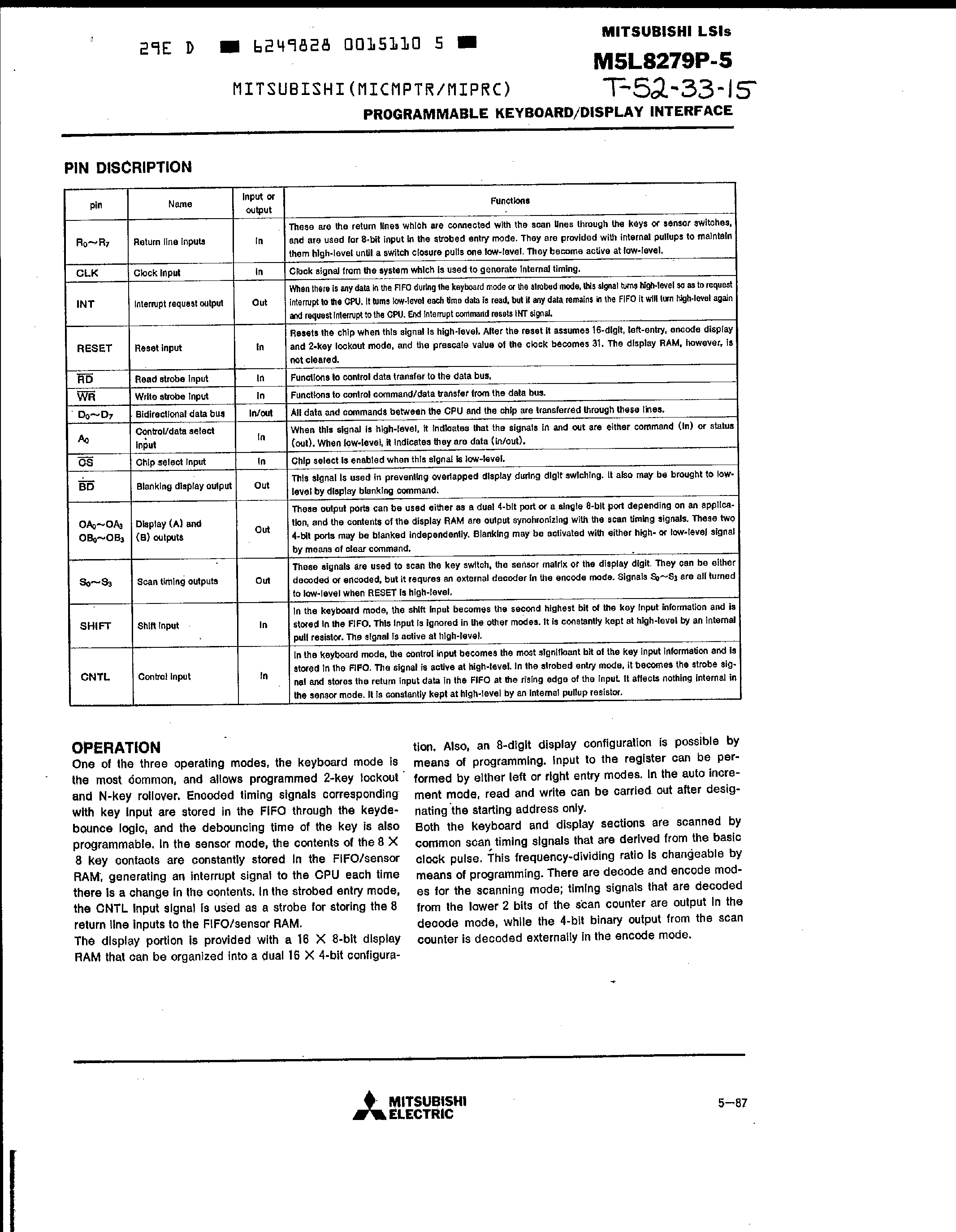 Даташит M5L8279P-5 - Programmable Keyboard / Display Interface страница 2