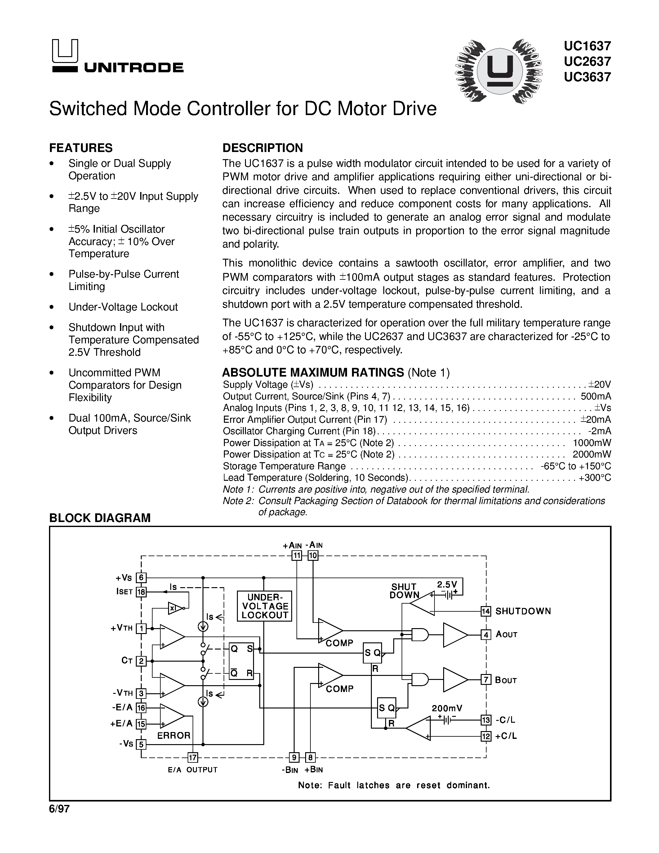 Datasheet UC3637 - Switched Mode Controller for DC Motor Drive page 1
