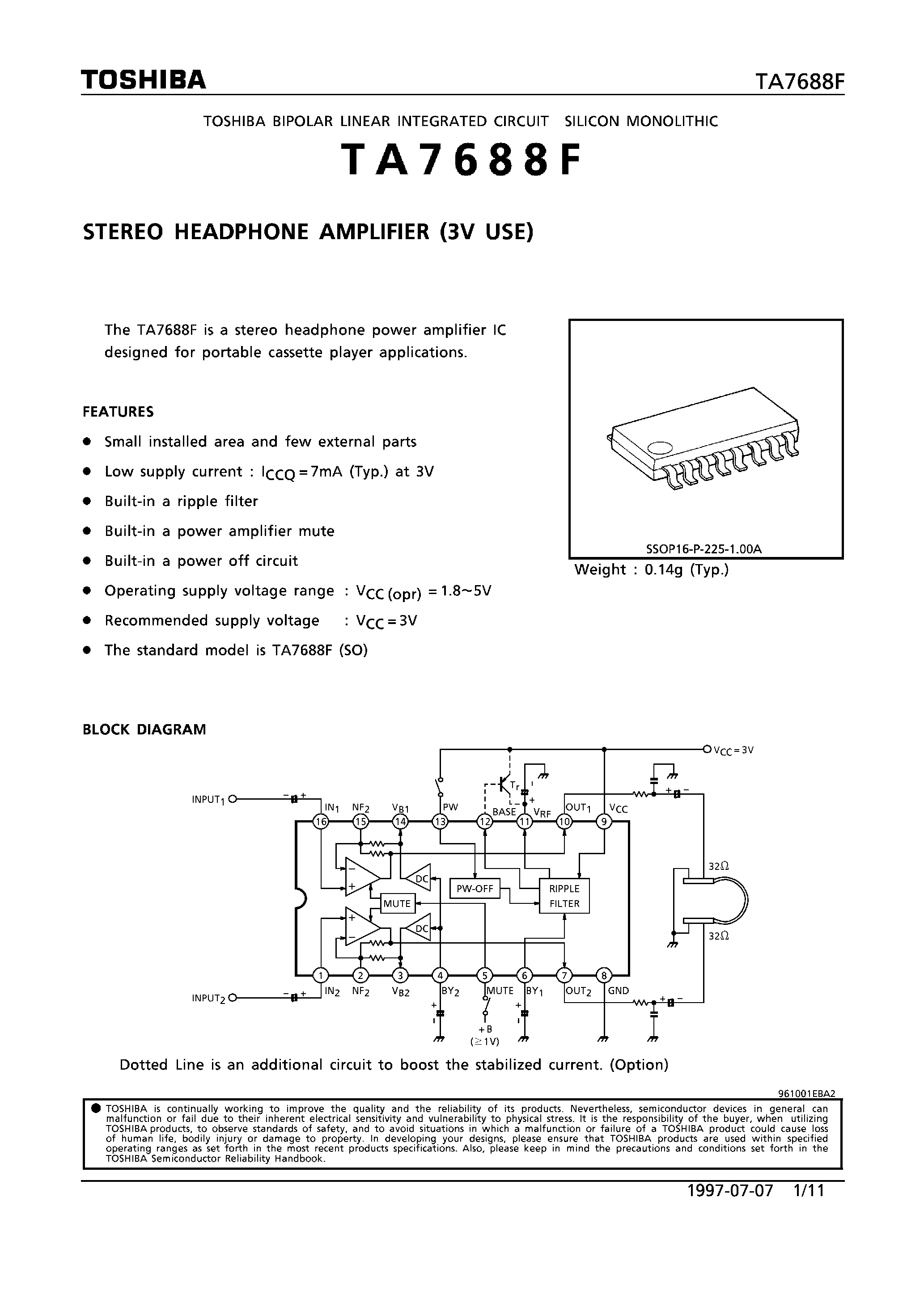 Даташит TA7688F - STEREO HEADPHONE AMPLIFIER (3V USE) страница 1