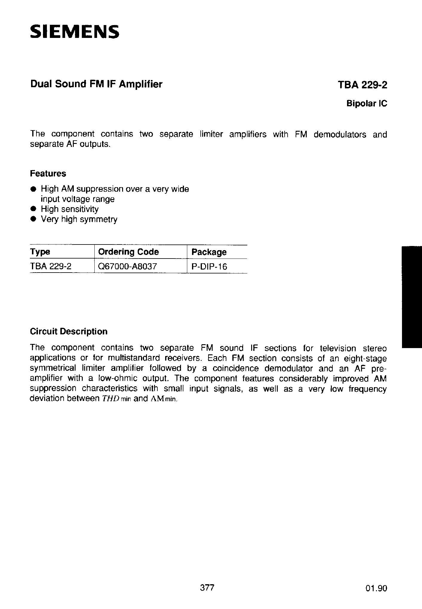 Datasheet TBA229-2 - Dual Sound FM IF Amplifier page 1