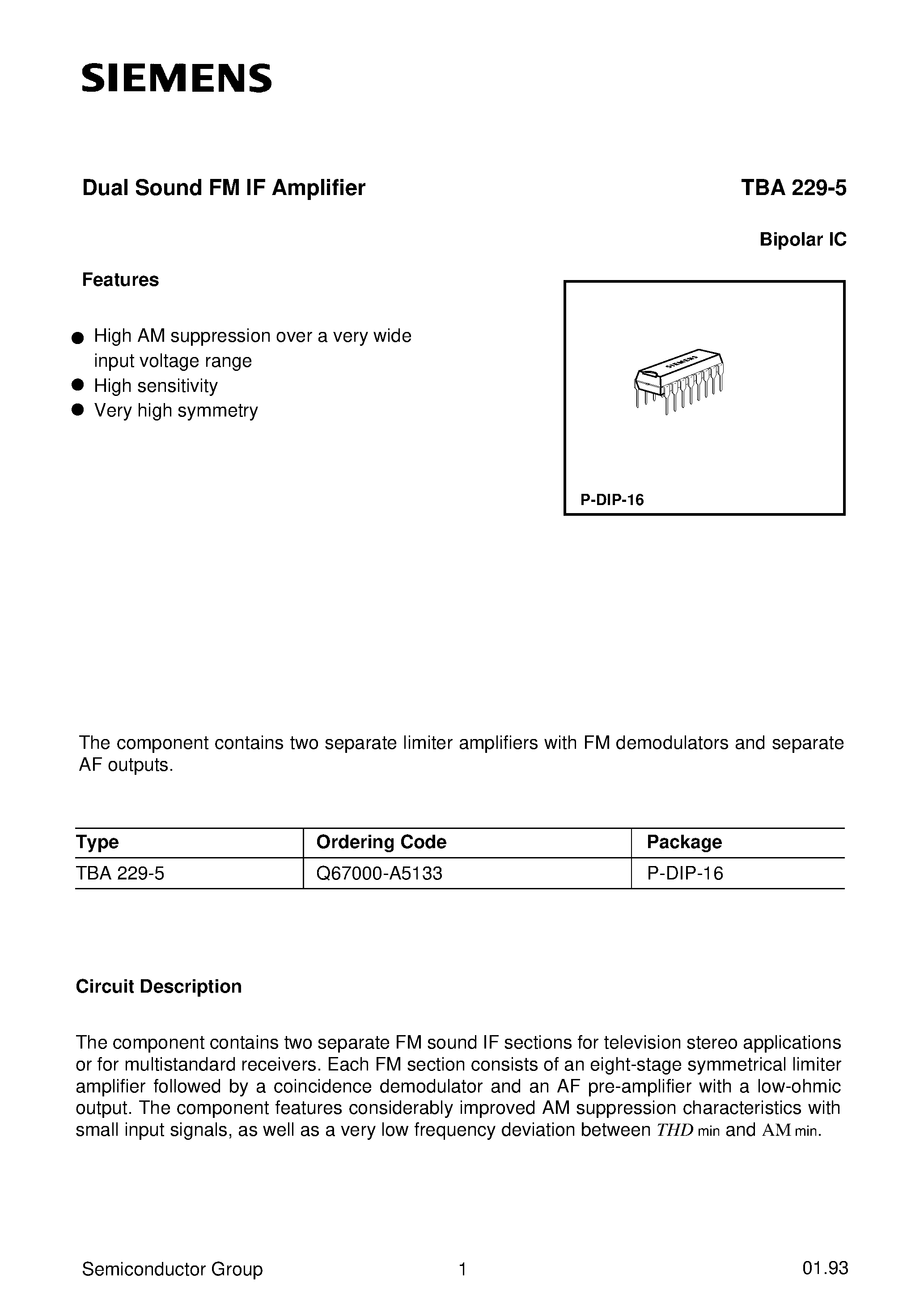 Datasheet TBA229-5 - Dual Sound FM IF Amplifier page 1