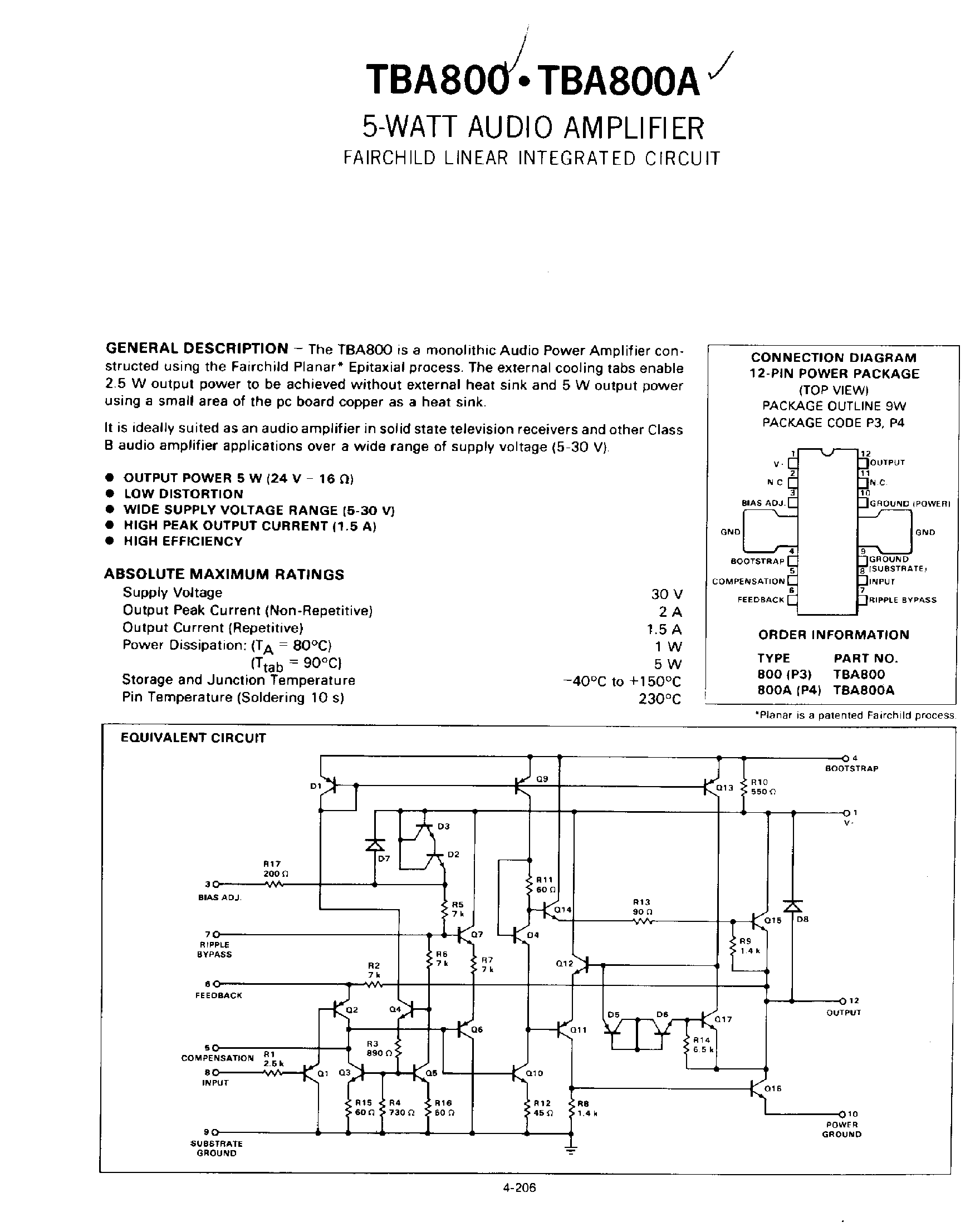 Datasheet TBA800 page 1 Datasheet TBA800 - 5 Watt Audio Amplifier page 1