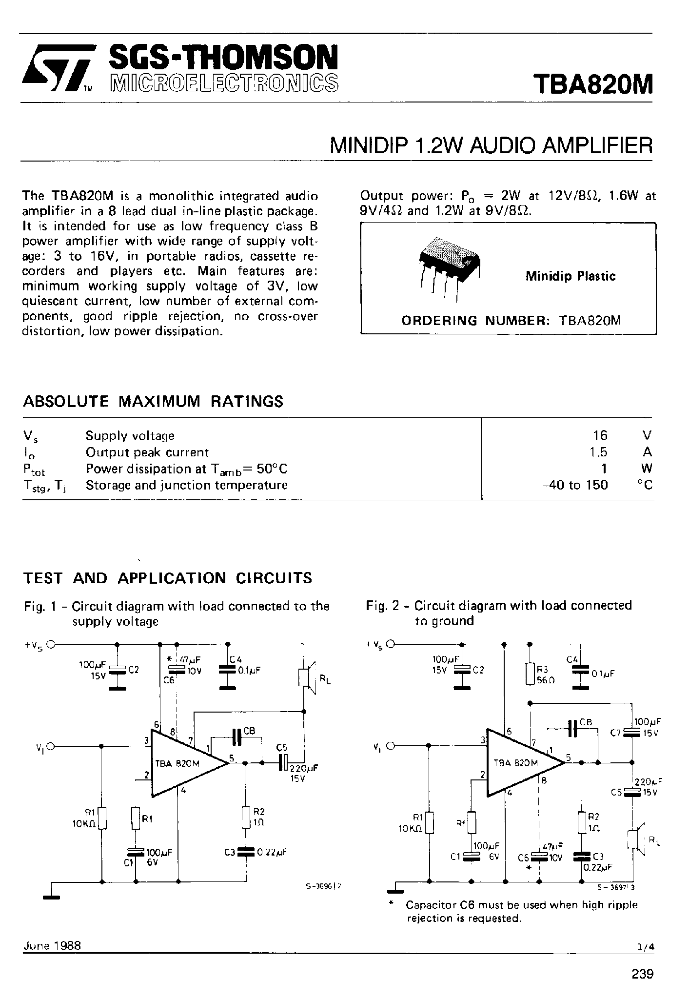 Datasheet TBA820M - MiniDip 1.2W Audio Amplifier page 1