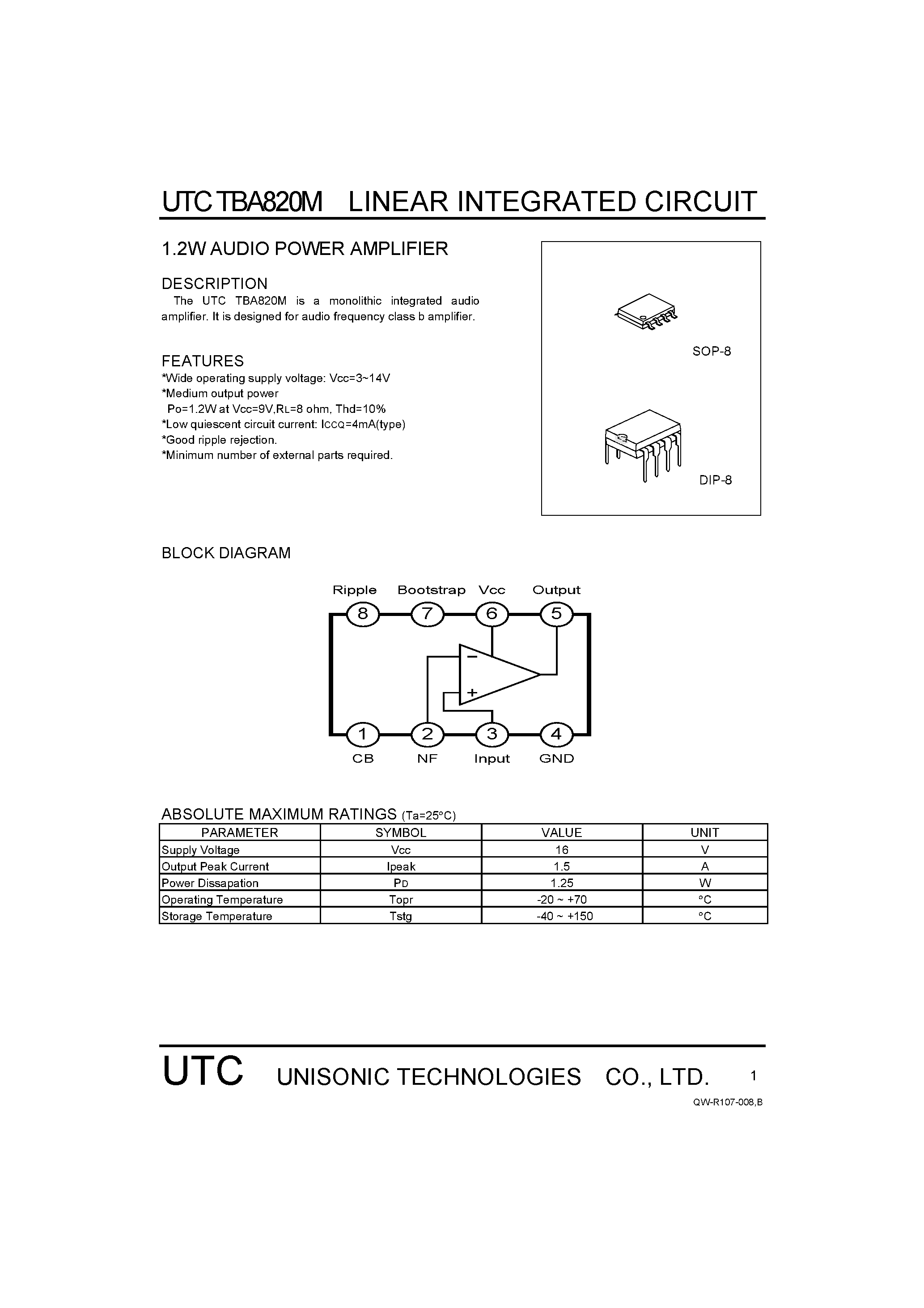 Datasheet TBA820M - 1.2W Audio Power Amplifier page 1