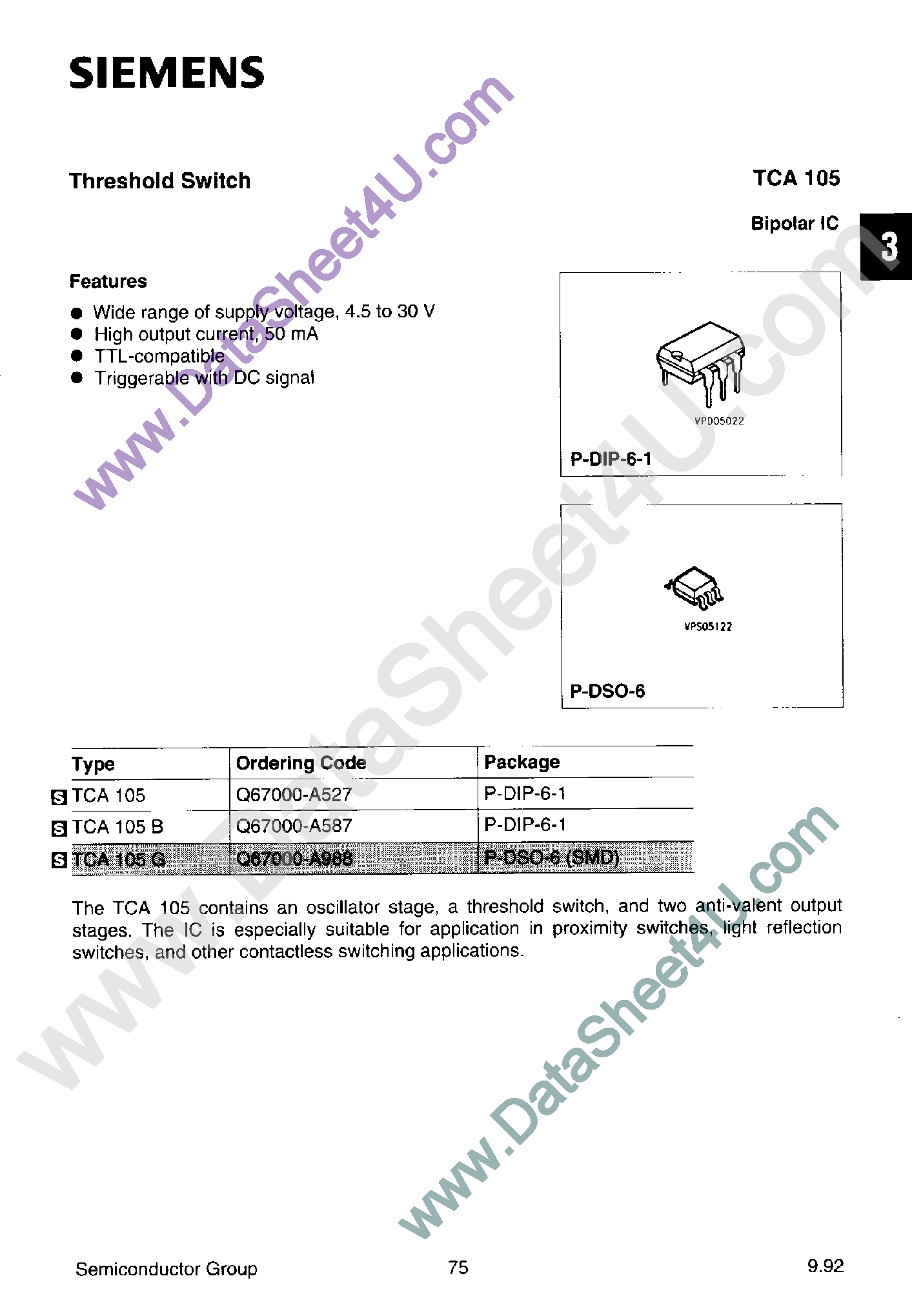 Datasheet TCA105 page 1 Datasheet TCA105 - Threshold Switch page 1
