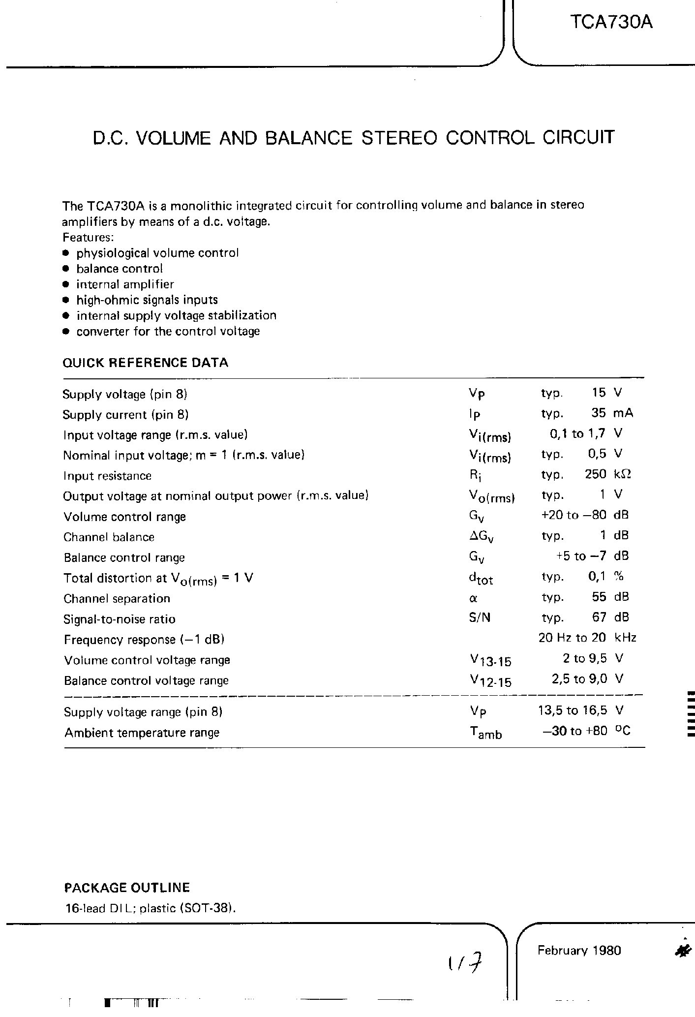 Datasheet TCA730A page 1 Datasheet TCA730A - D.C. VOLUME AND BALANCE STEREO CONTROL CIRCUIT page 1
