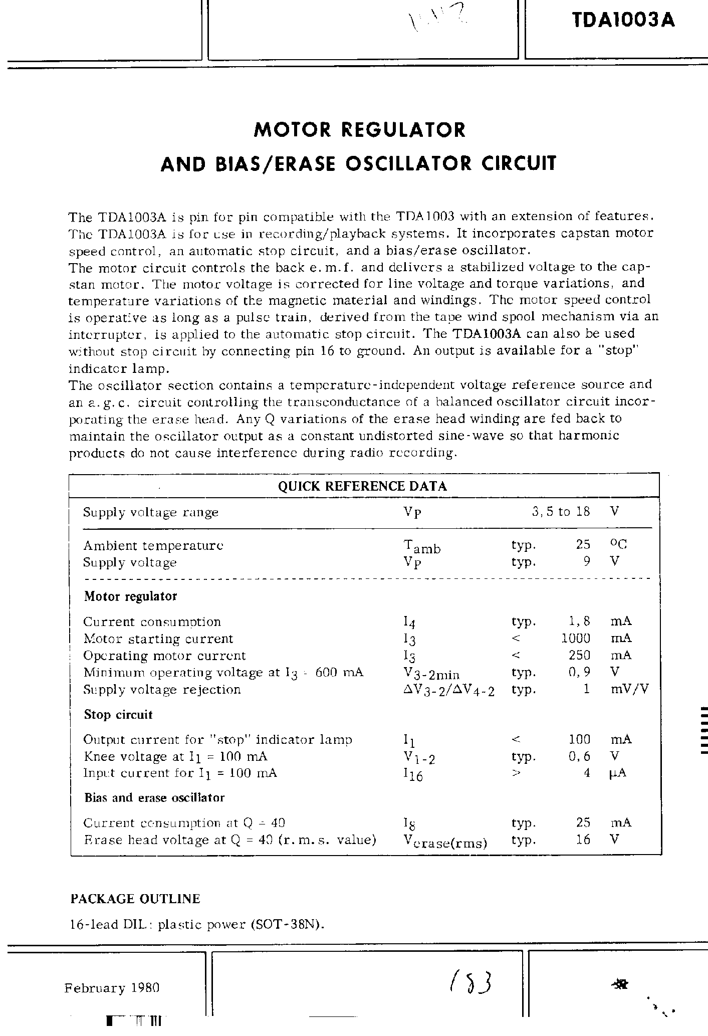 Datasheet TDA1003A page 1 Datasheet TDA1003A - Motor Regulator and Bias/Erase Oscillator Circuit page 1