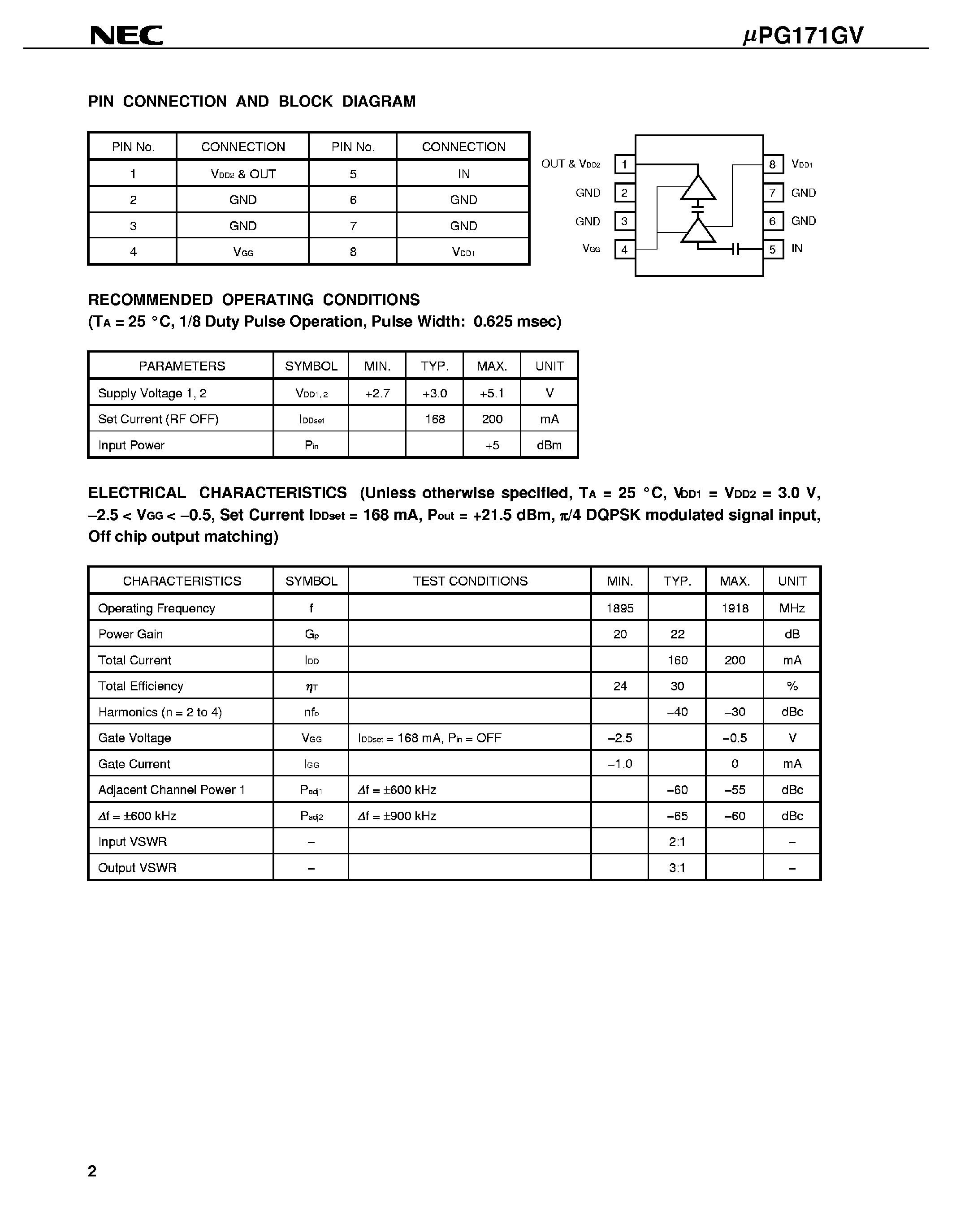 Datasheet UPG171GV page 2 Datasheet UPG171GV - 1.9 GHz Band Power Amplifier for PHS page 2