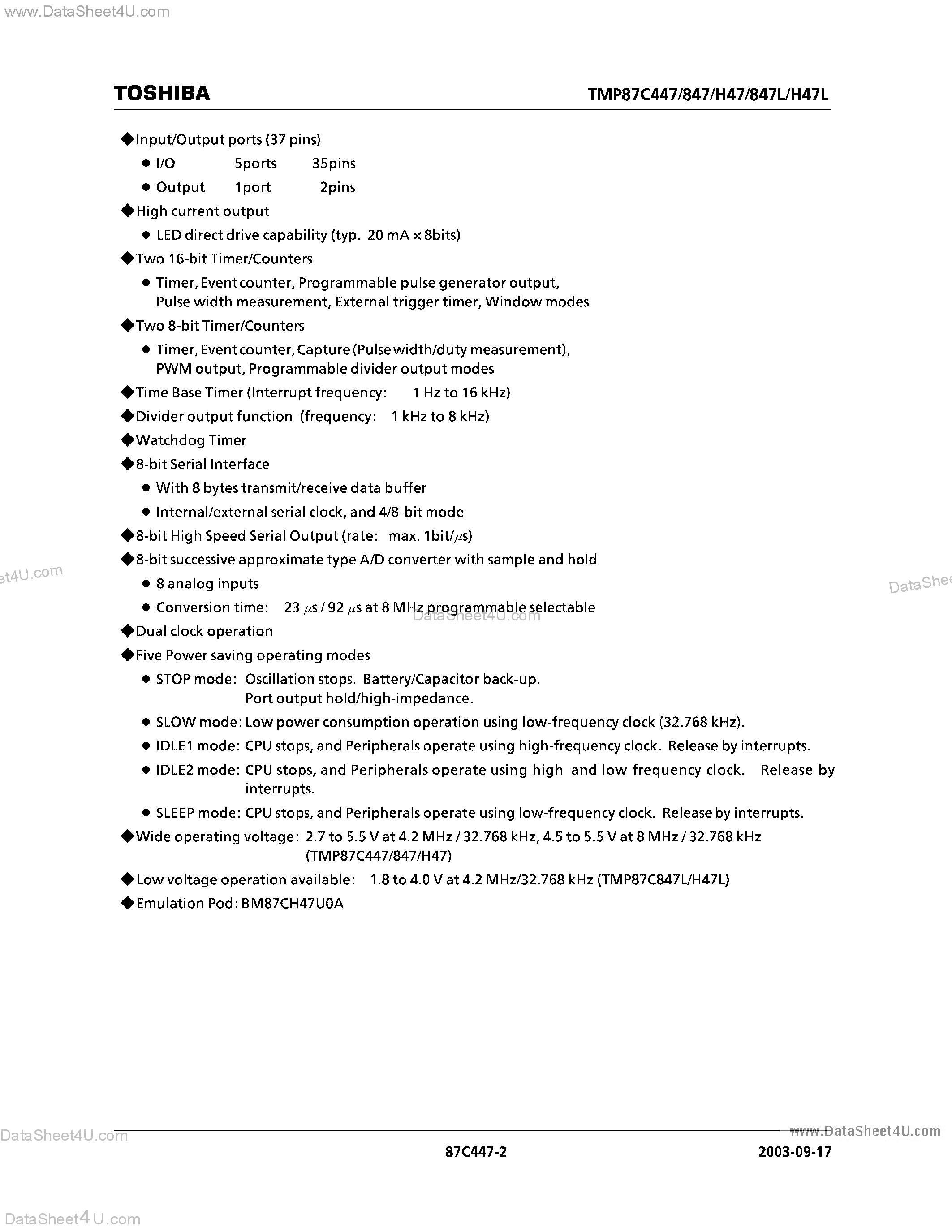 Даташит TMP87CH47U - CMOS 8 BIT MICROCONTROLLER страница 2