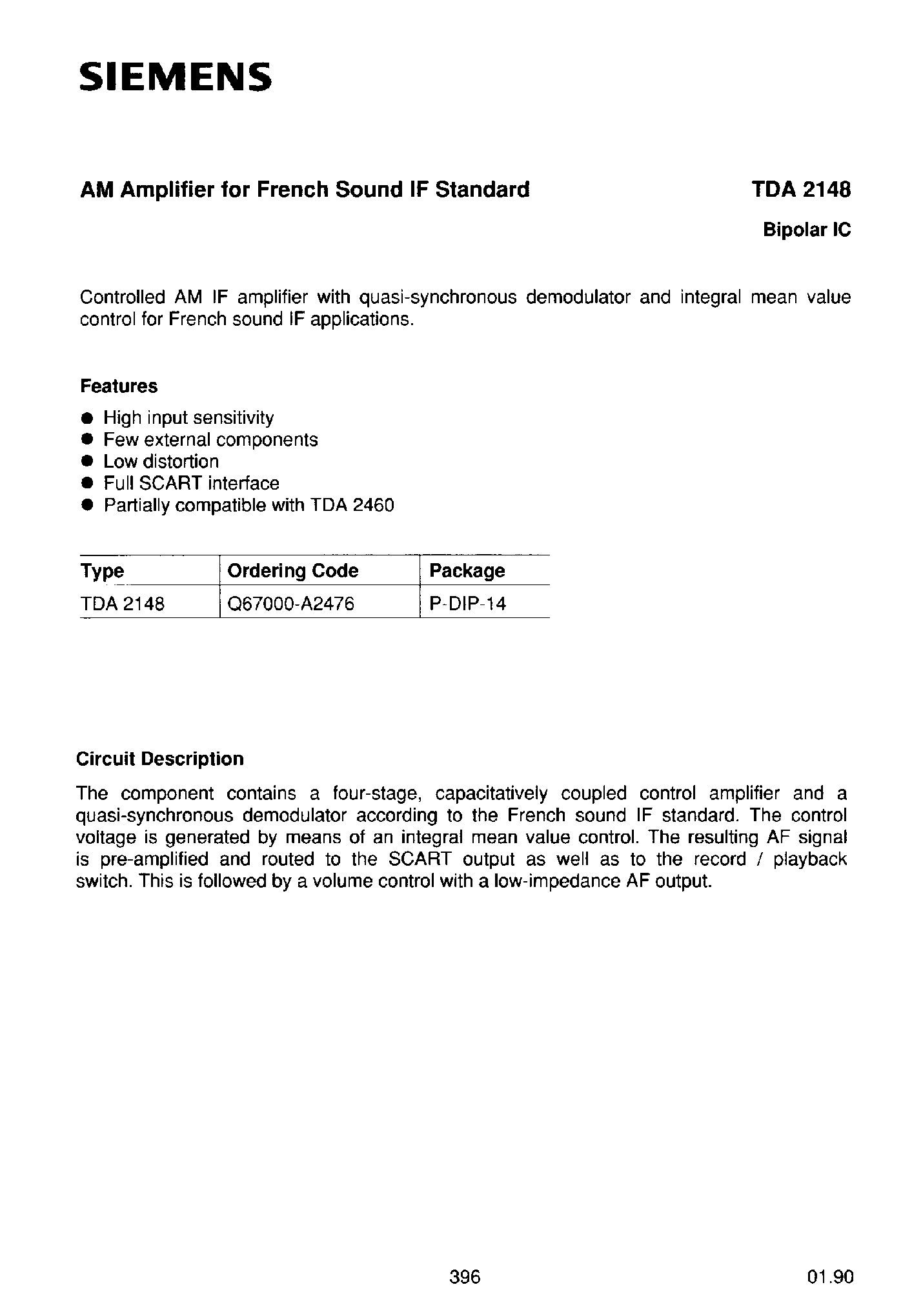 Datasheet TDA2148 - AM AMPLIFIER FOR FRENCH SOUND IF STANDARD page 1