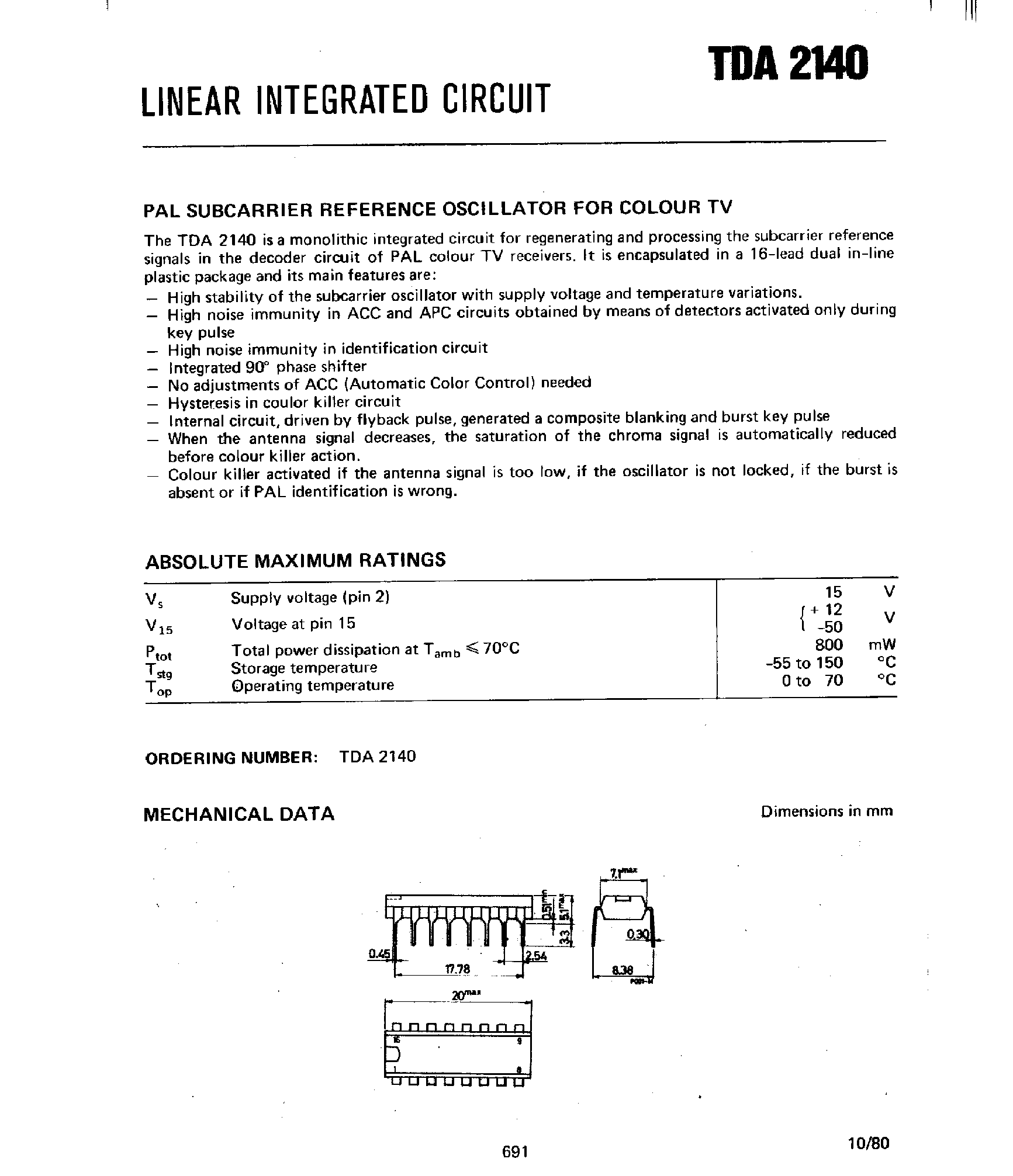 Datasheet TDA2140 - Pal Subcarrier Reference Oscillator for Color TV page 1