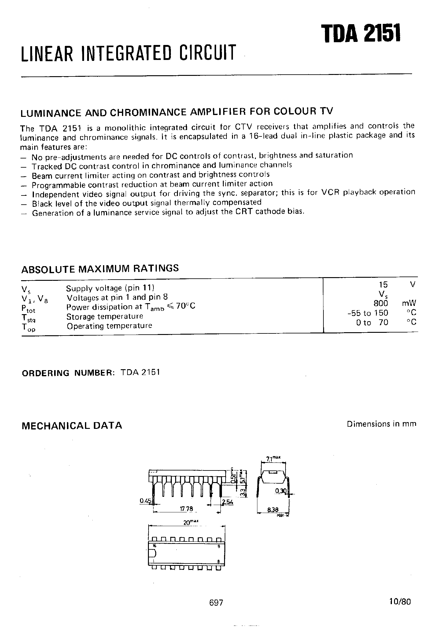 Datasheet TDA2151 page 1 Datasheet TDA2151 - Luminance and Chrominance Amplifier for Color TV page 1