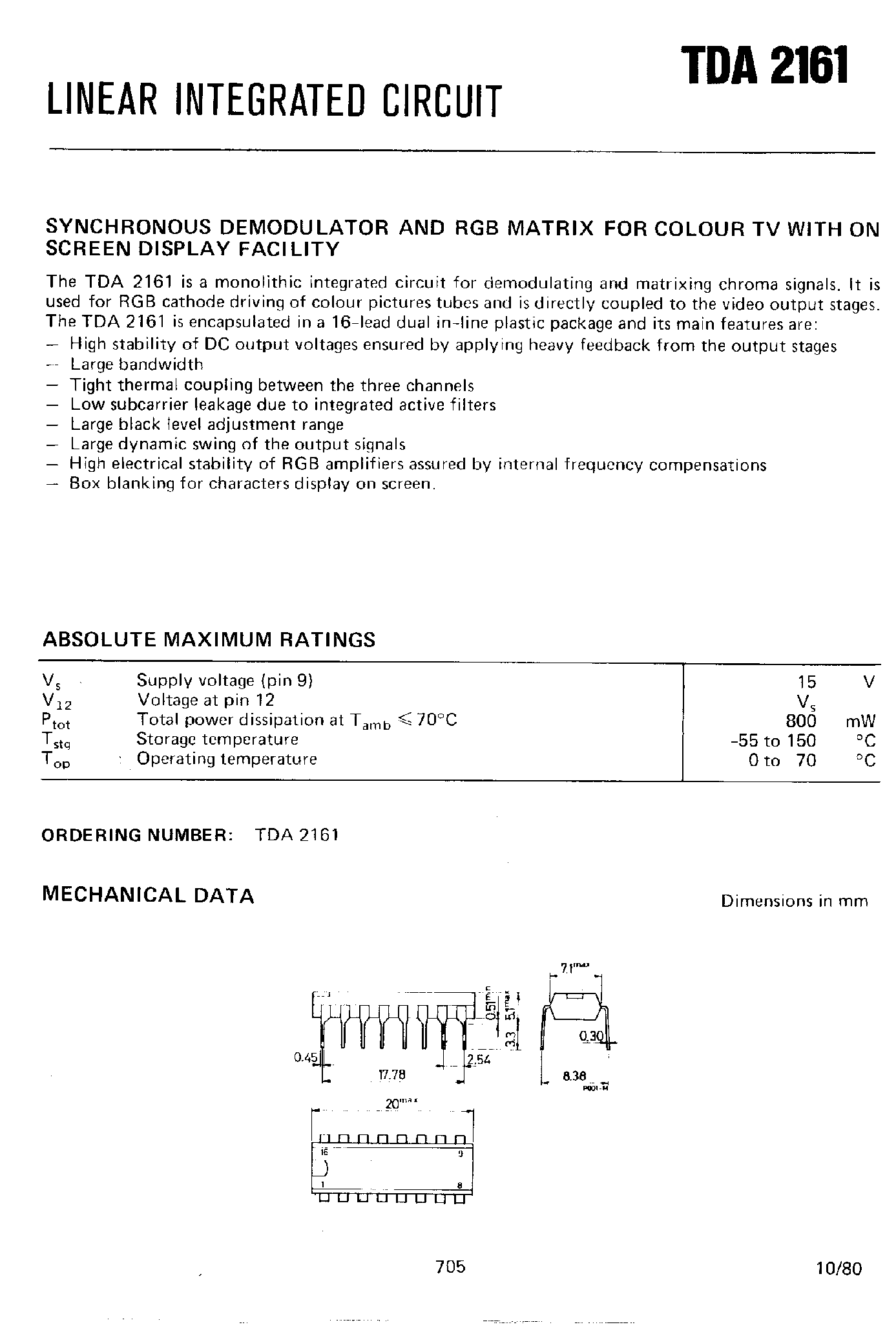 Datasheet TDA2161 - Synchronous Demodulator and RGB Matrix for Color TV with On Screen Display Facility page 1