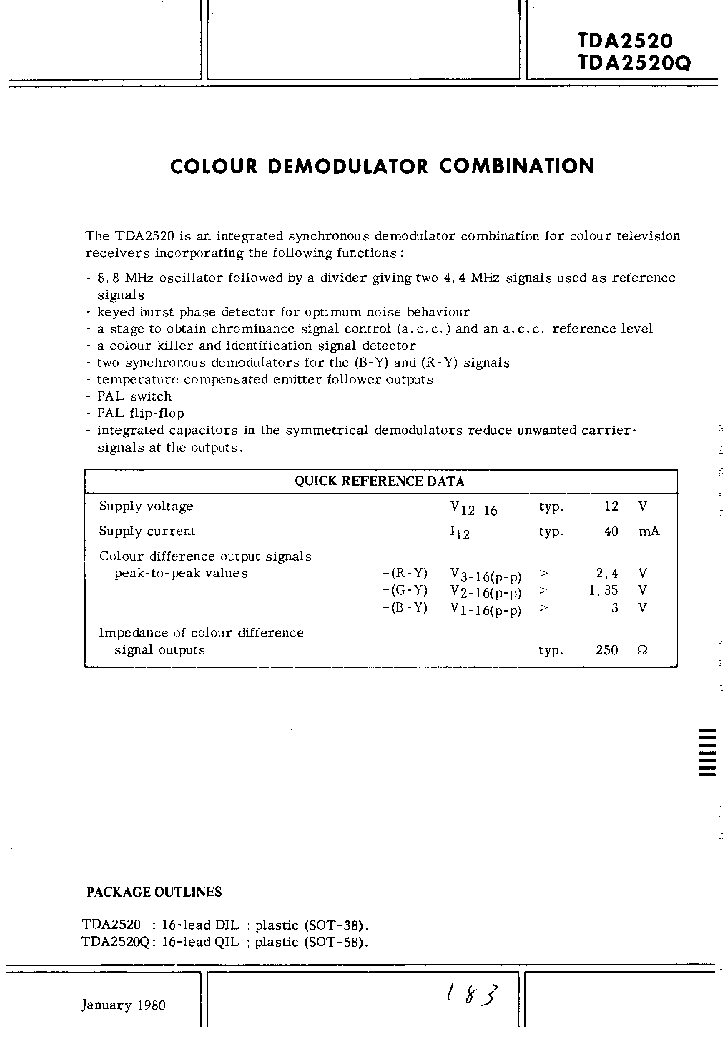 Datasheet TDA2520 page 1 Datasheet TDA2520 - Color Demodulator Combination page 1