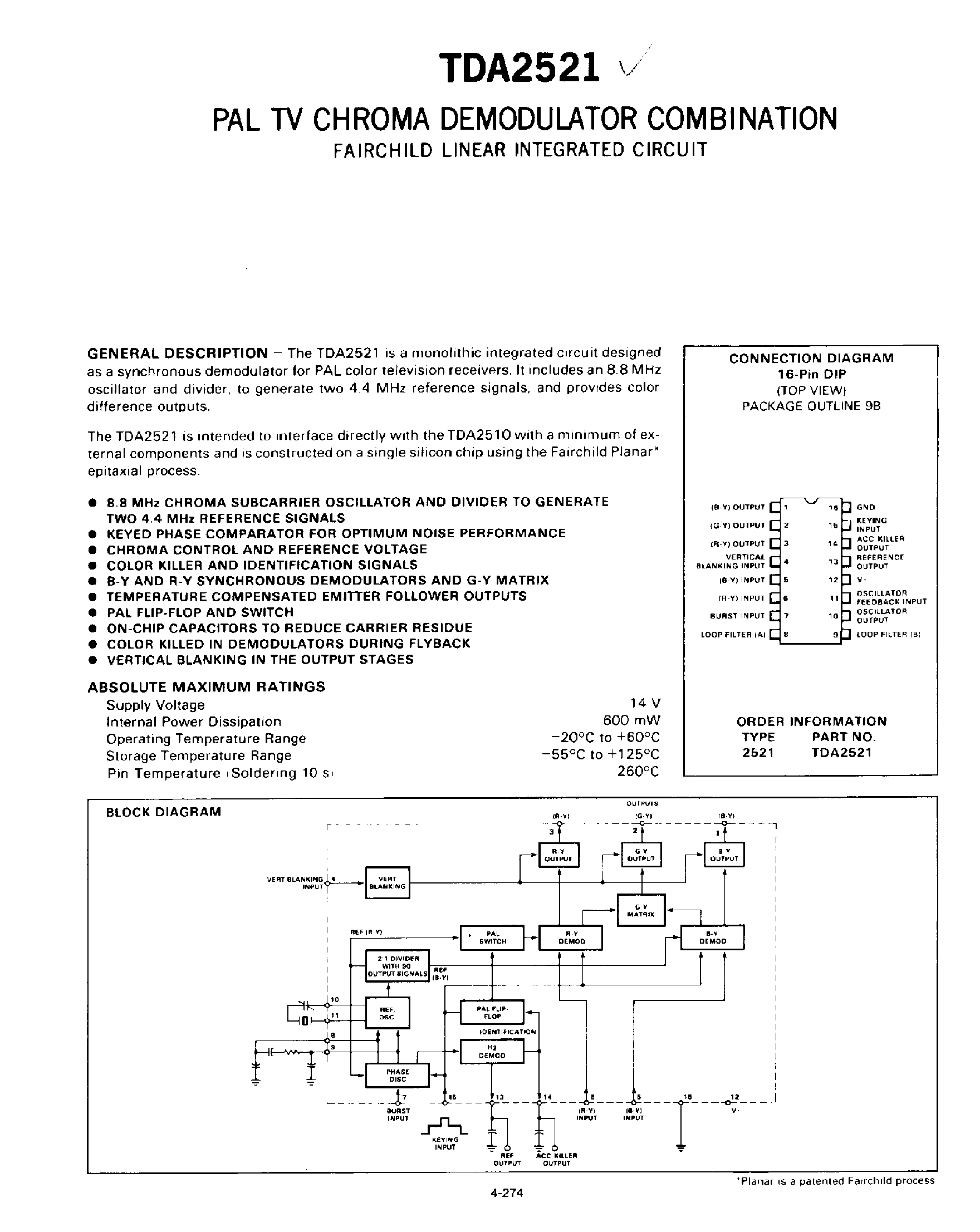 Datasheet TDA2521 - PaL TV Chroma Demodulator Combination page 1