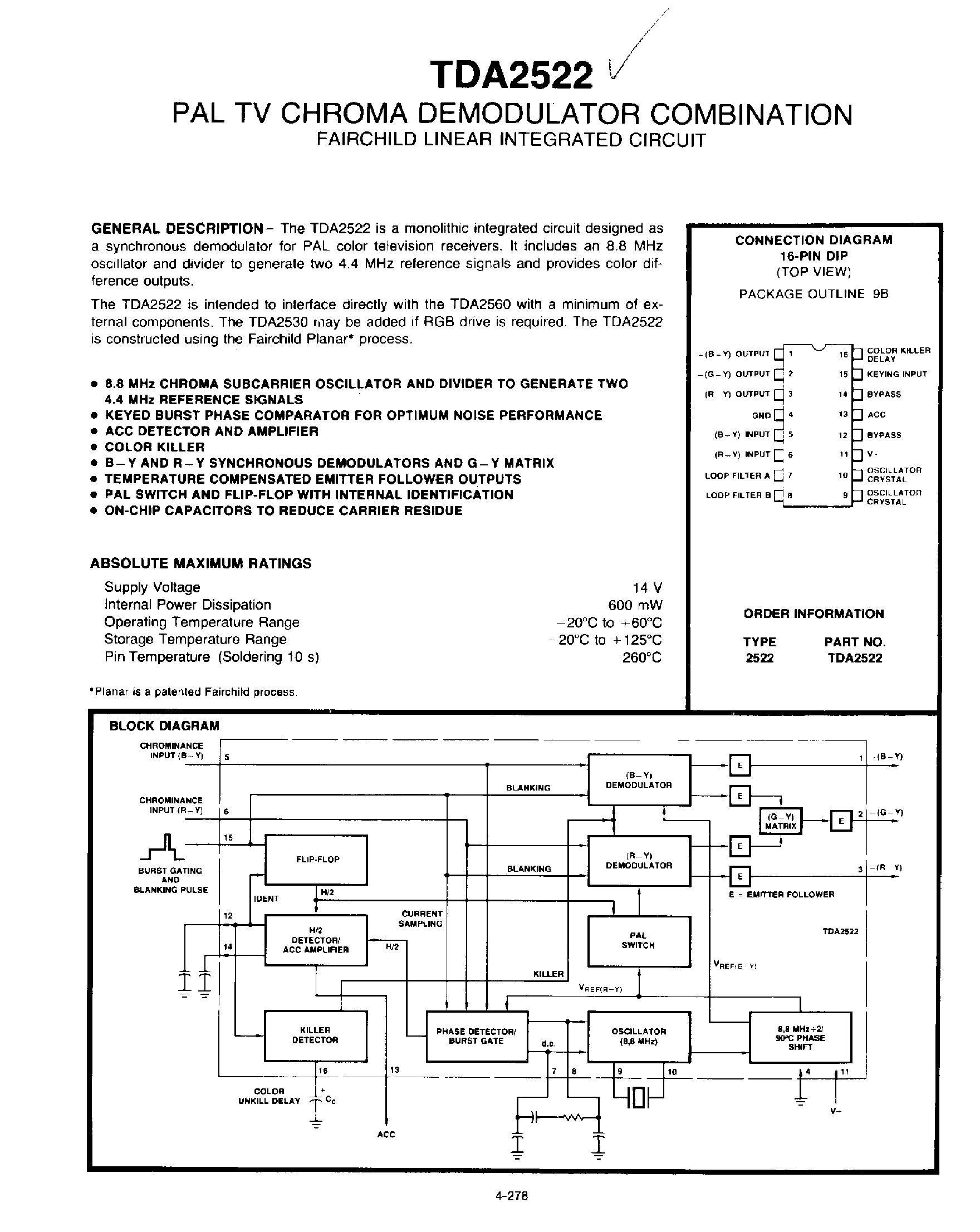 Datasheet TDA2522 page 1 Datasheet TDA2522 - PaL TV Chroma Demodulator Combination page 1