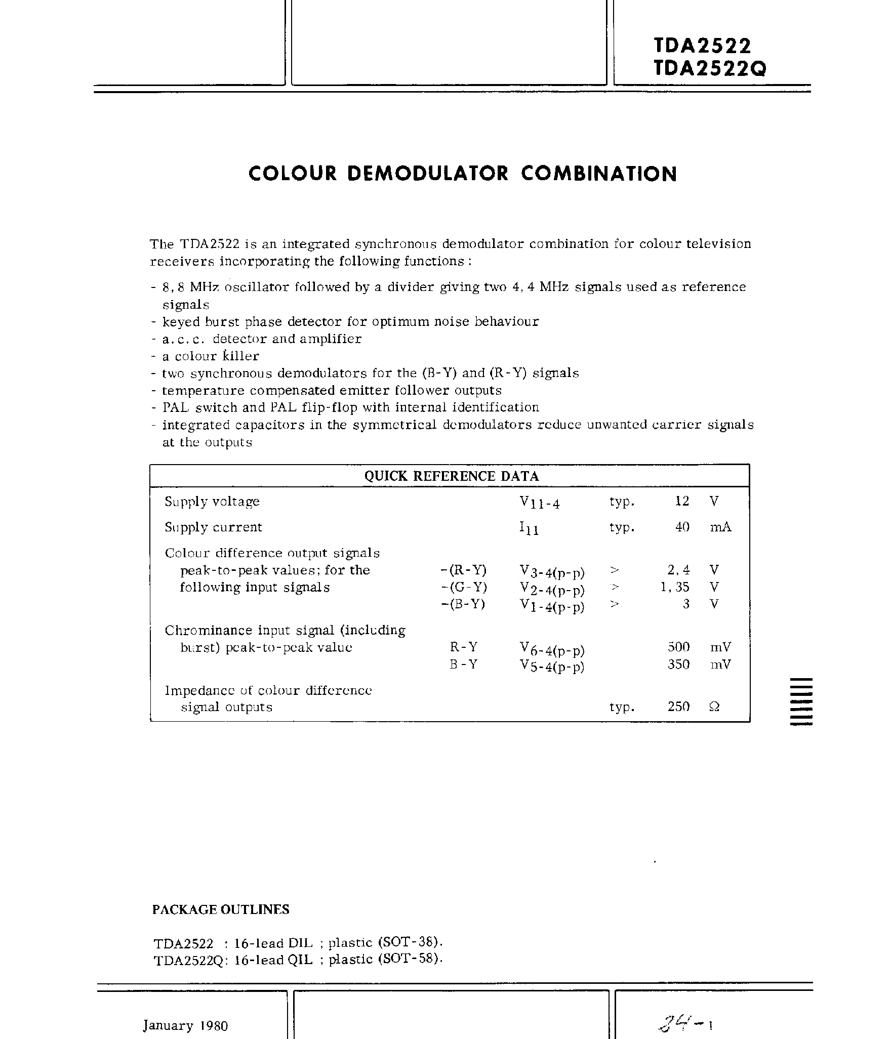 Datasheet TDA2522 - COLOR Demodulation Combinations page 1