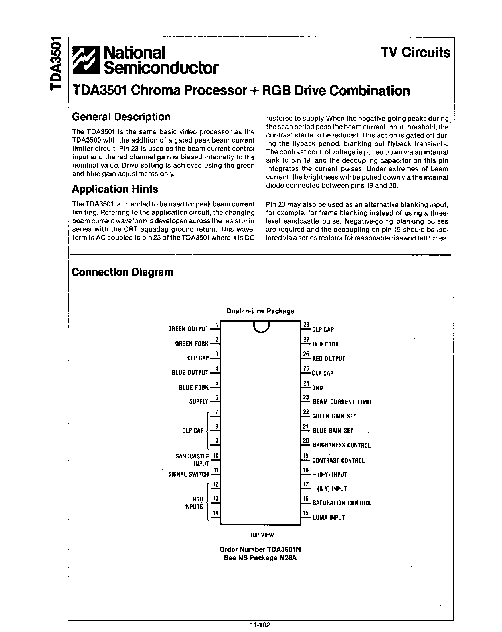 Datasheet TDA3501 - Chroma Processor + RGB Drive Combination page 1