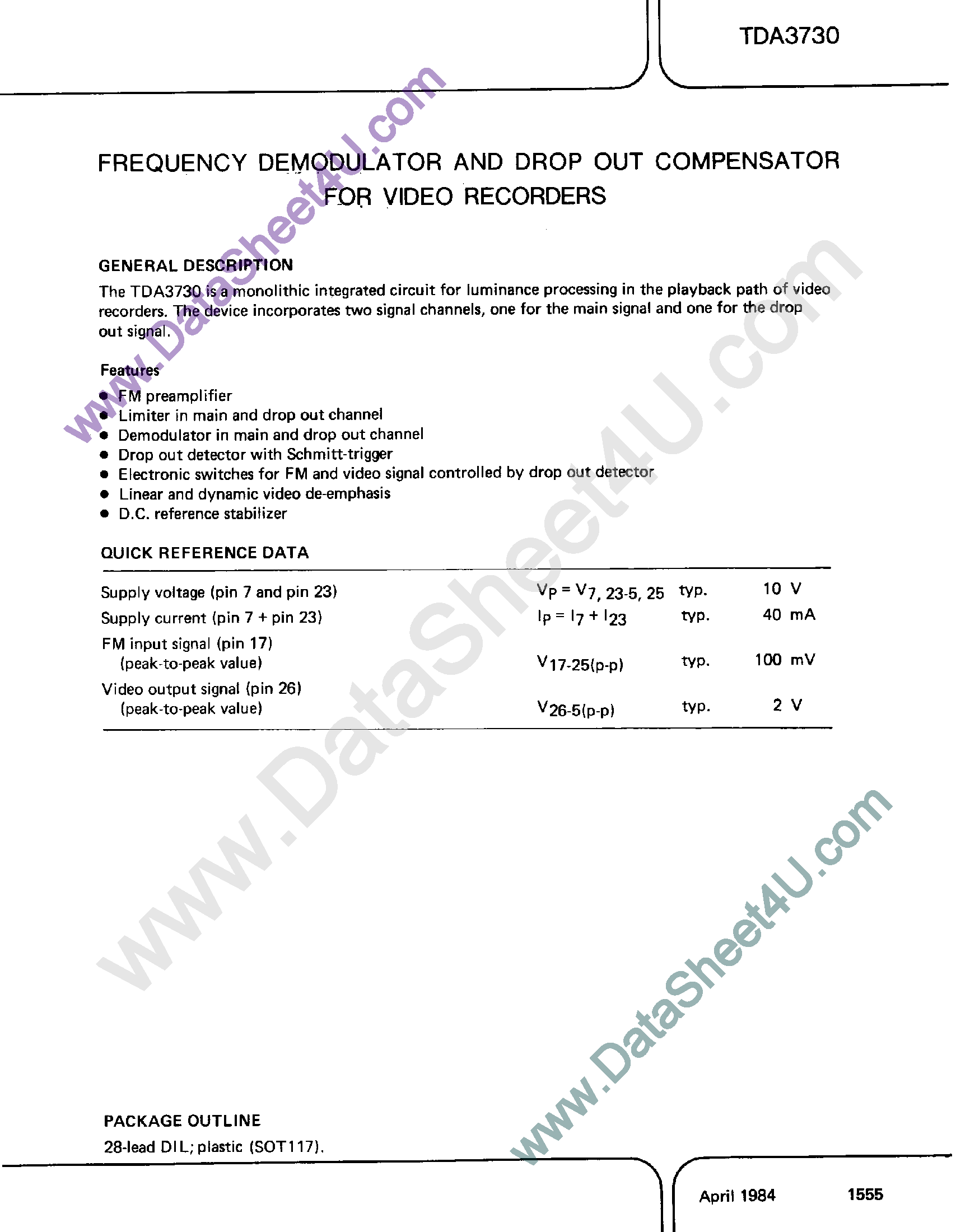 Datasheet TDA3730 page 1 Datasheet TDA3730 - Frequency Demodulator and Drop Out Compensator for Video Recoders page 1