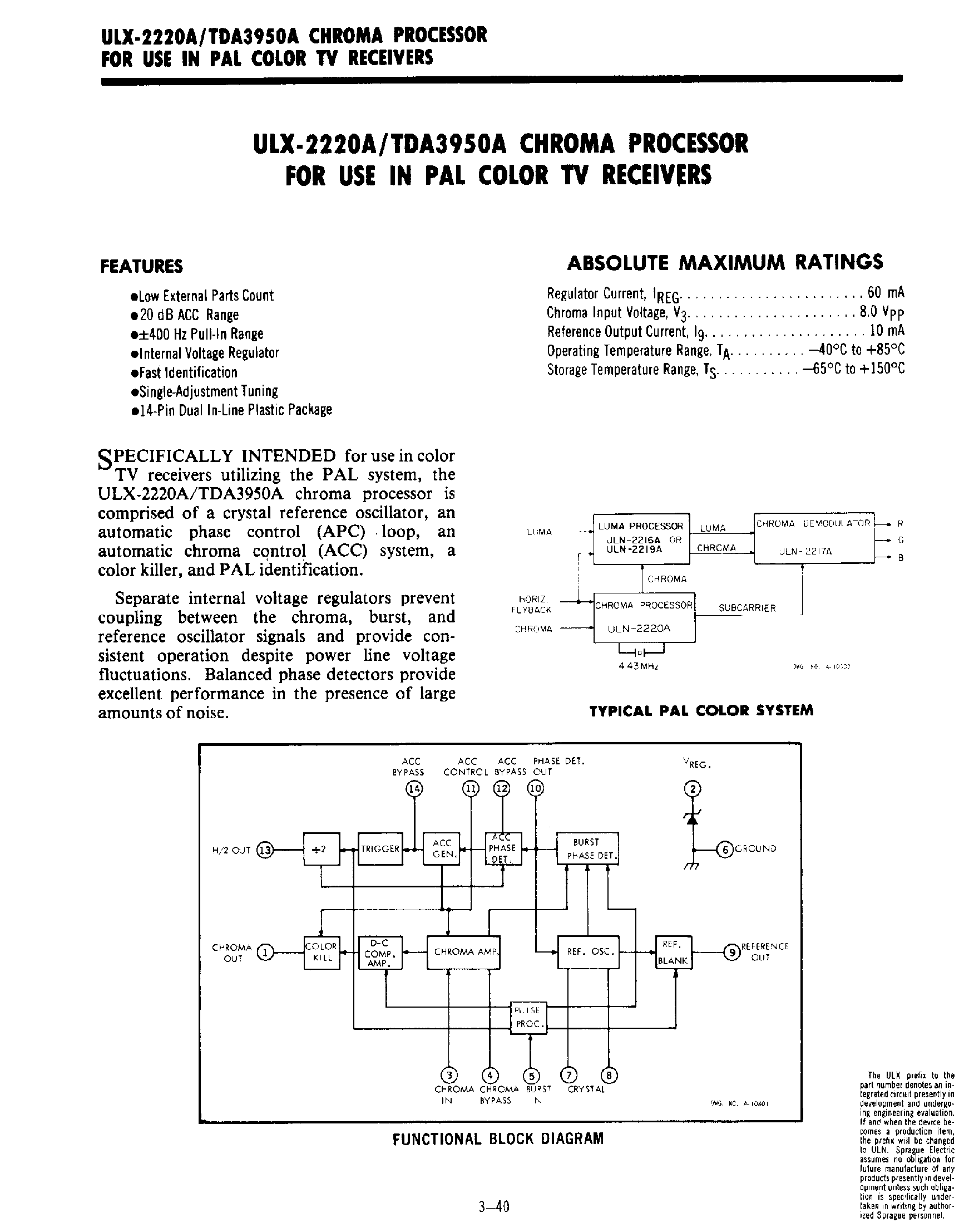Datasheet TDA3950A page 1 Datasheet TDA3950A - Chroma Processor for Use in PAL Color TV Receivers page 1