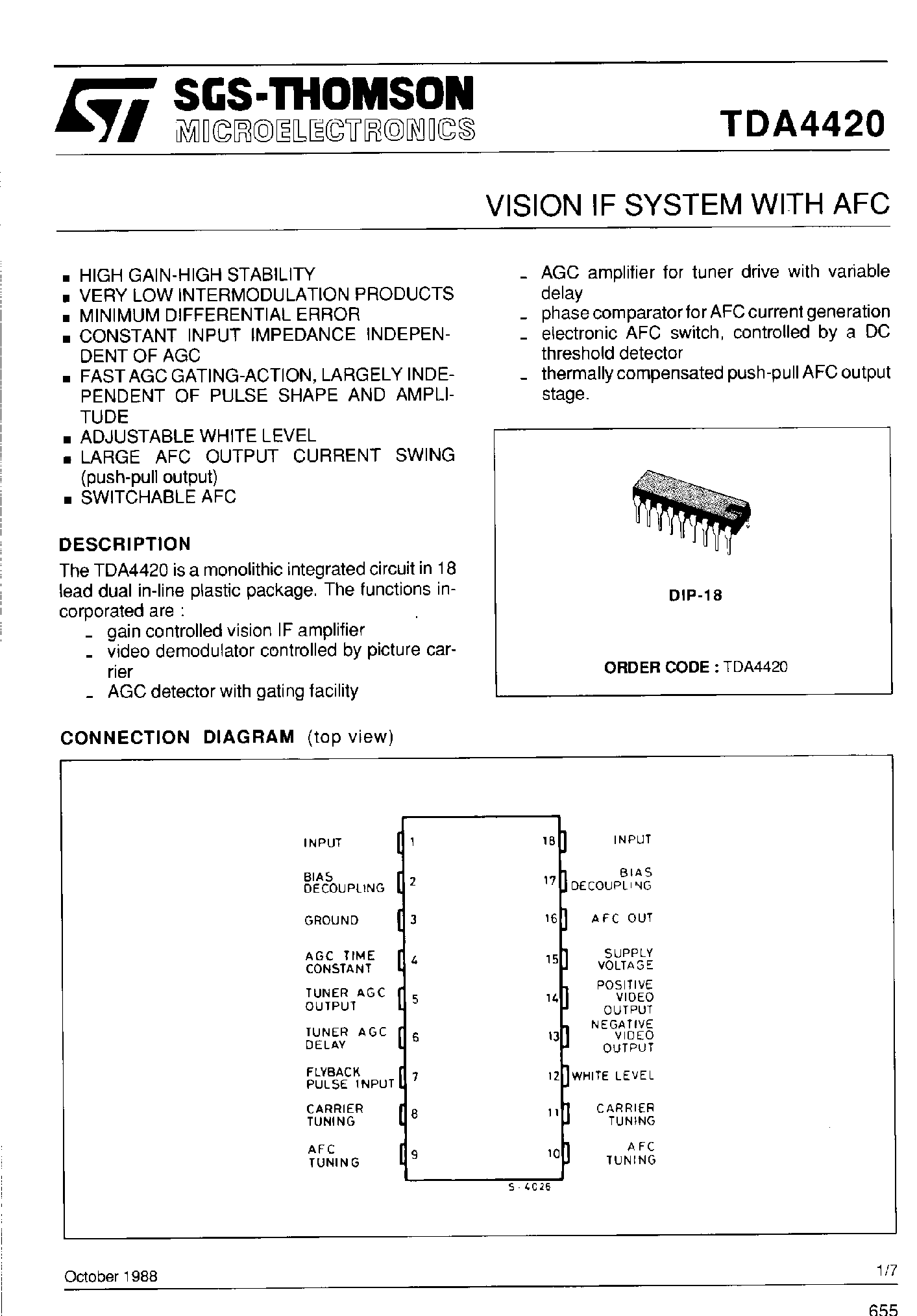 Datasheet TDA4420 - VISION IF SYSTEM WITH AFC page 1