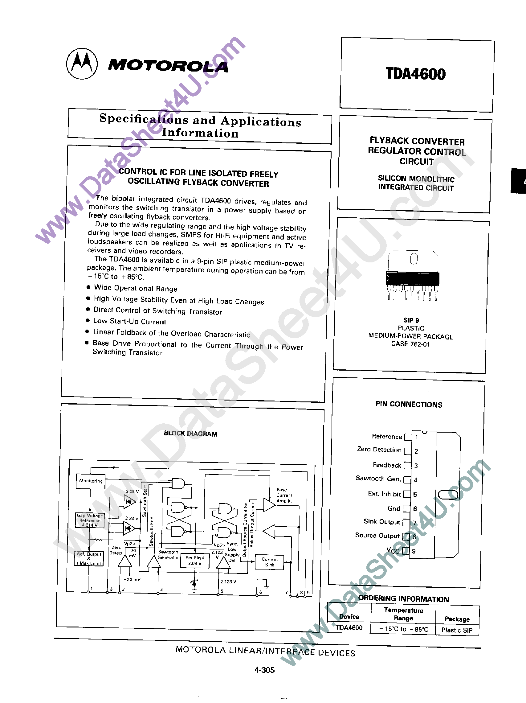 Datasheet TDA4600 - Flyback CONVERTER Regulator Control Circuit page 1