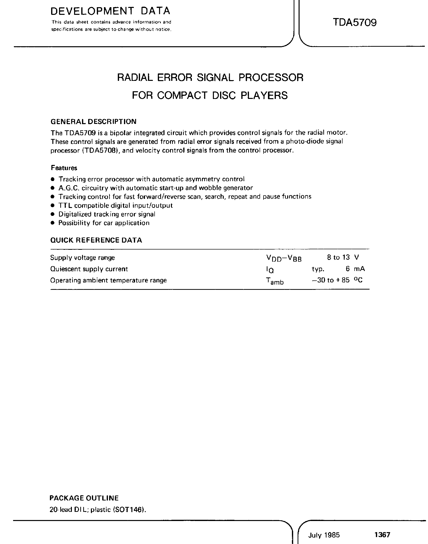Datasheet TDA5709 page 1 Datasheet TDA5709 - Radial Error Signal Processor page 1
