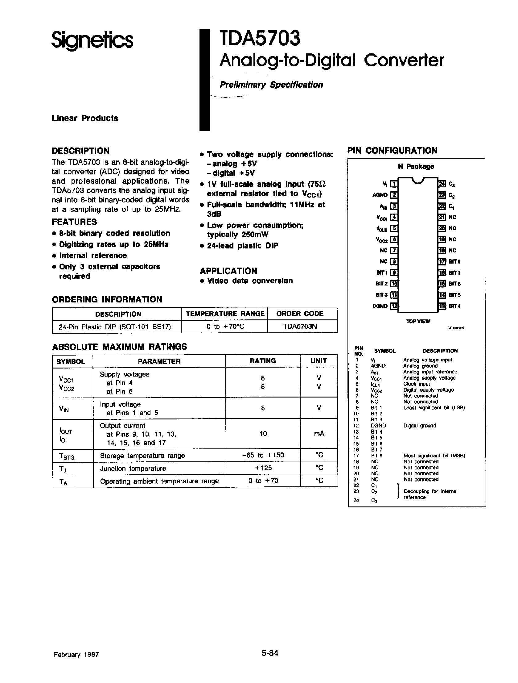 Даташит TDA5703 - Analog-to-Digital Converter страница 1