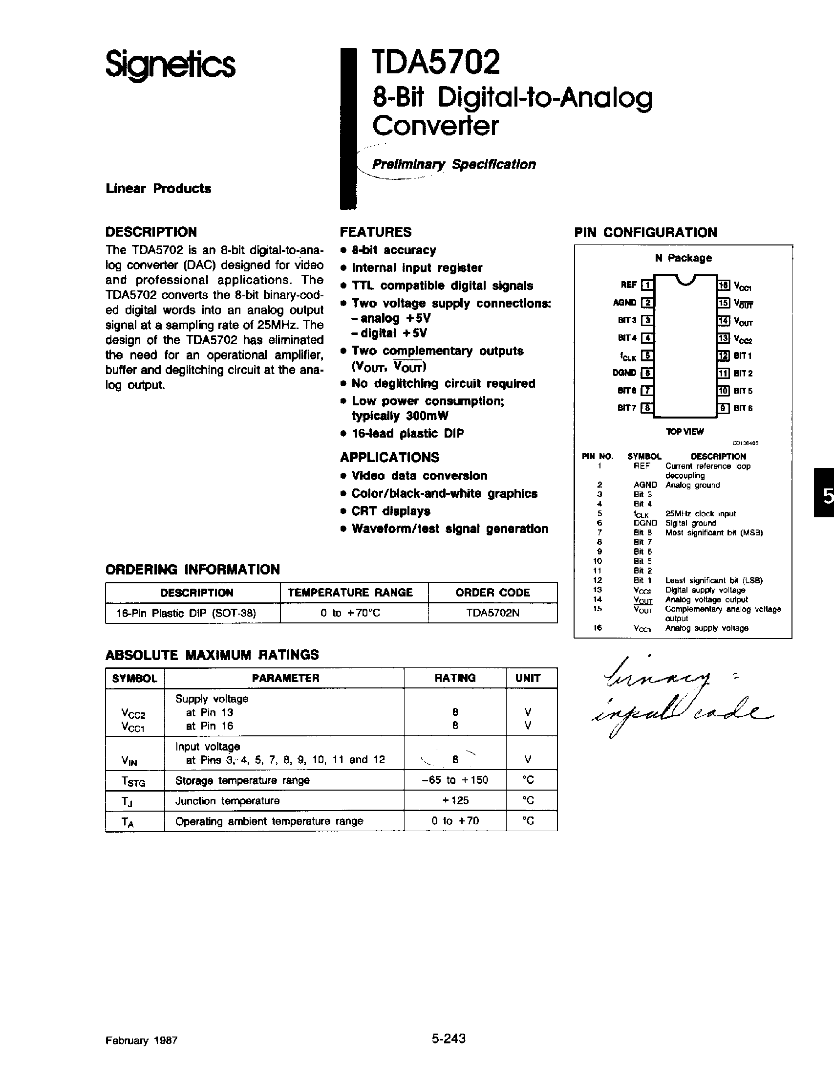 Даташит TDA5702 - 8 Bit Digital-to-Analog Converter страница 1
