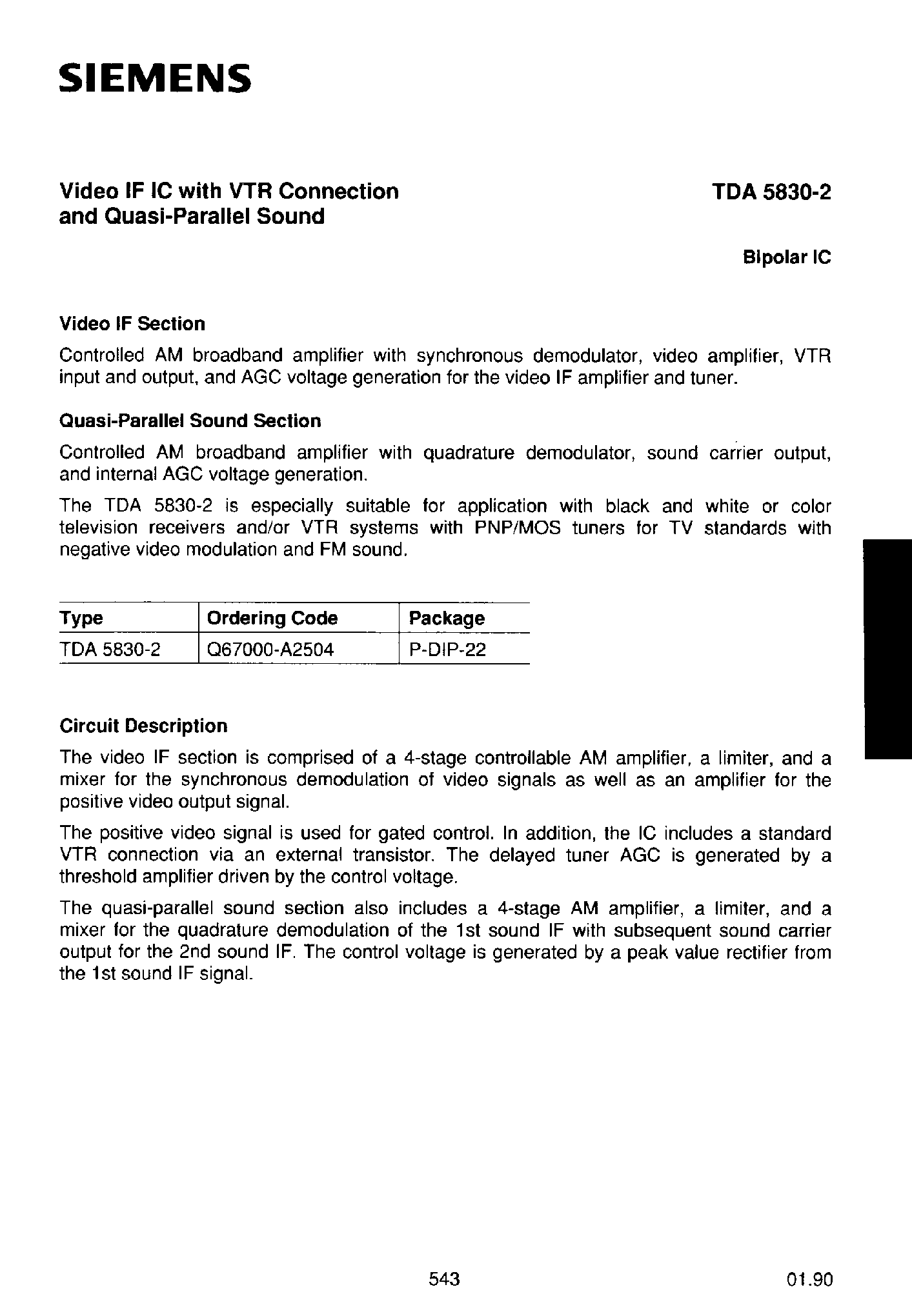 Datasheet TDA5830-2 - VIDEO IF IC WITH VTR CONNECTION AND QUASI PARALLERL SOUND page 1