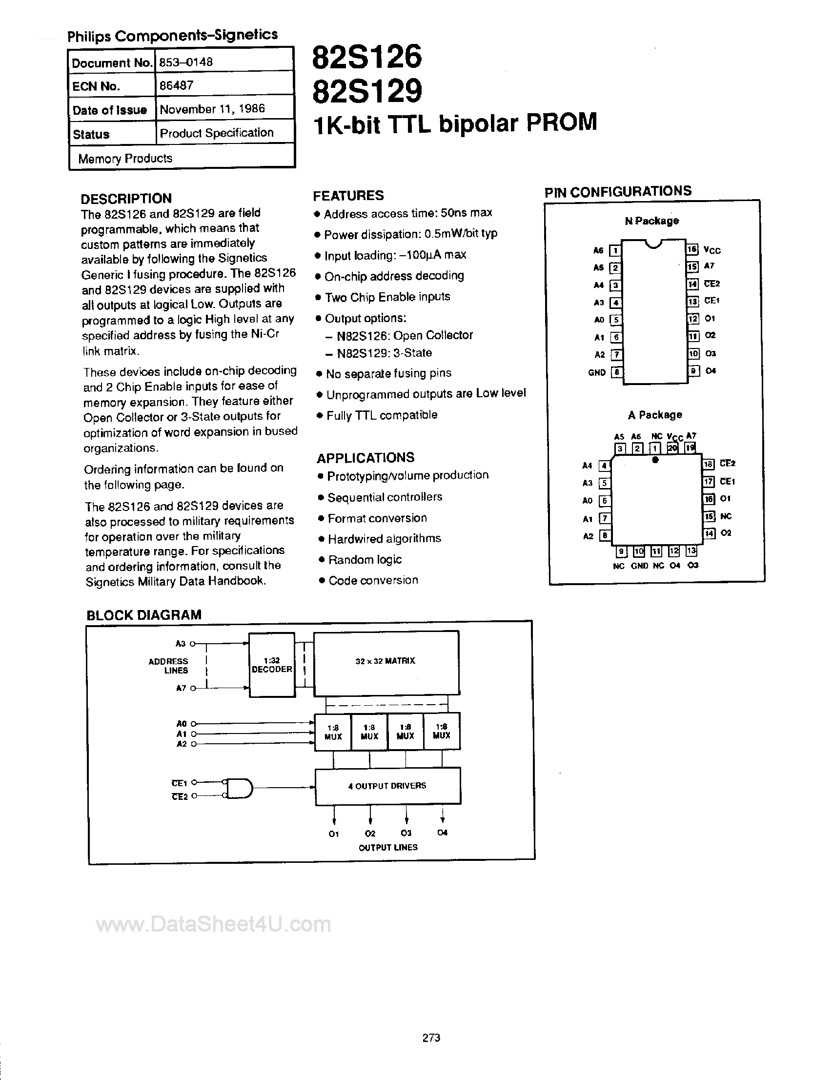 Даташит N82S129 - 1K Bit TTL Bipolar PROM страница 1