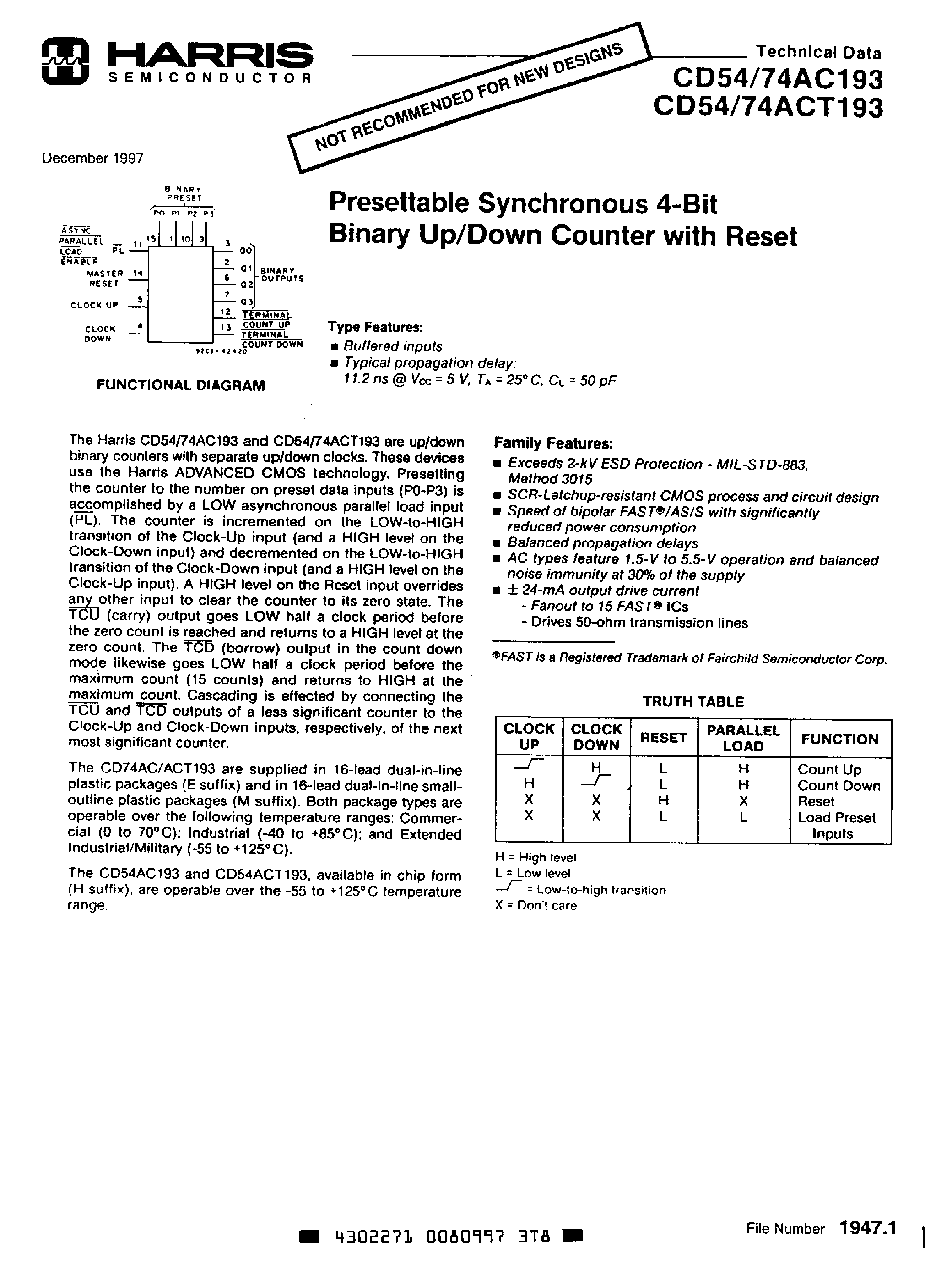 Datasheet 74ACT193 - Presettable Synchronous 4 Bit Binary Up/Down Counter with Reset page 1