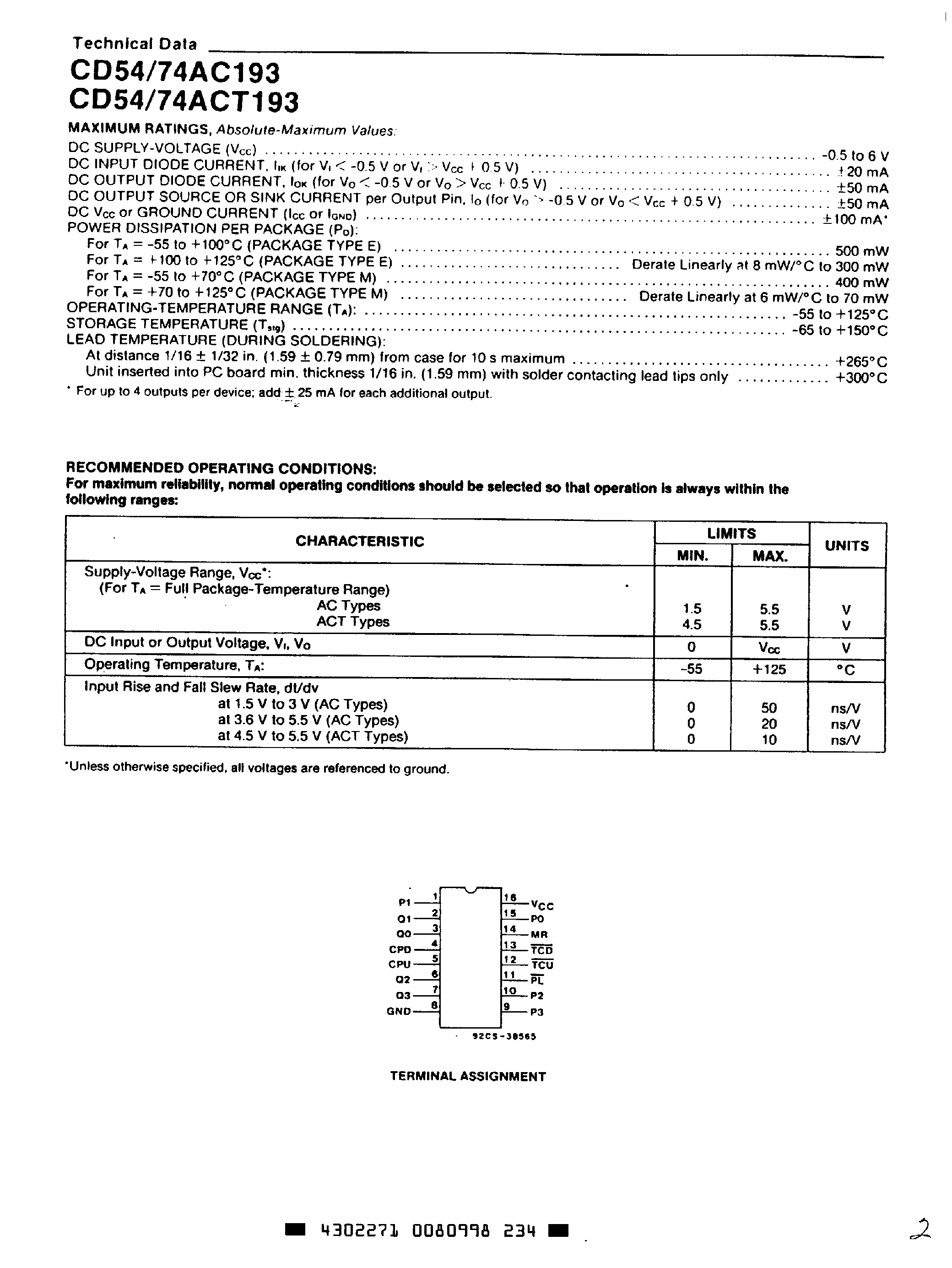 Datasheet 74ACT193 - Presettable Synchronous 4 Bit Binary Up/Down Counter with Reset page 2